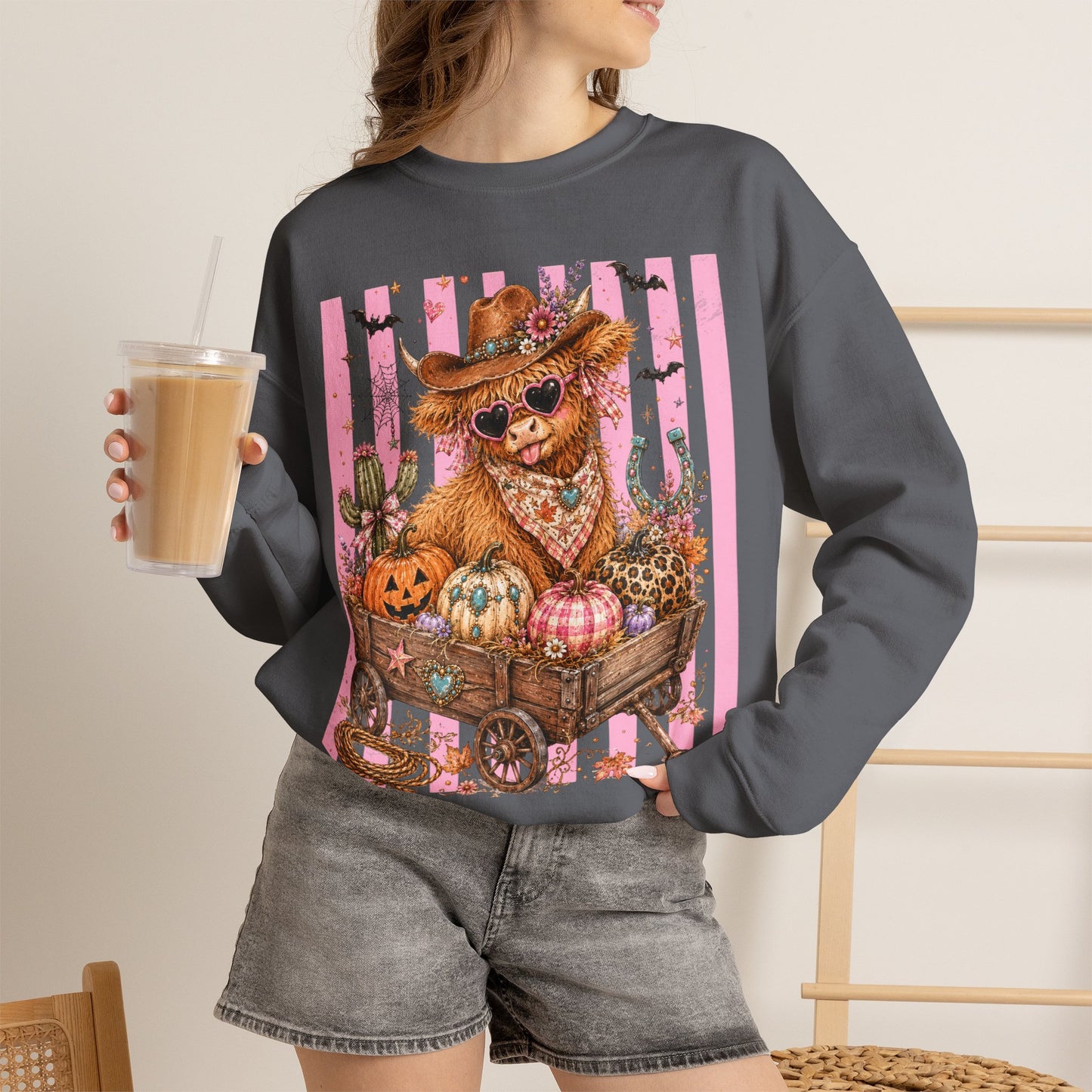 Fall Highland Cow Wagon | Crewneck Sweatshirt