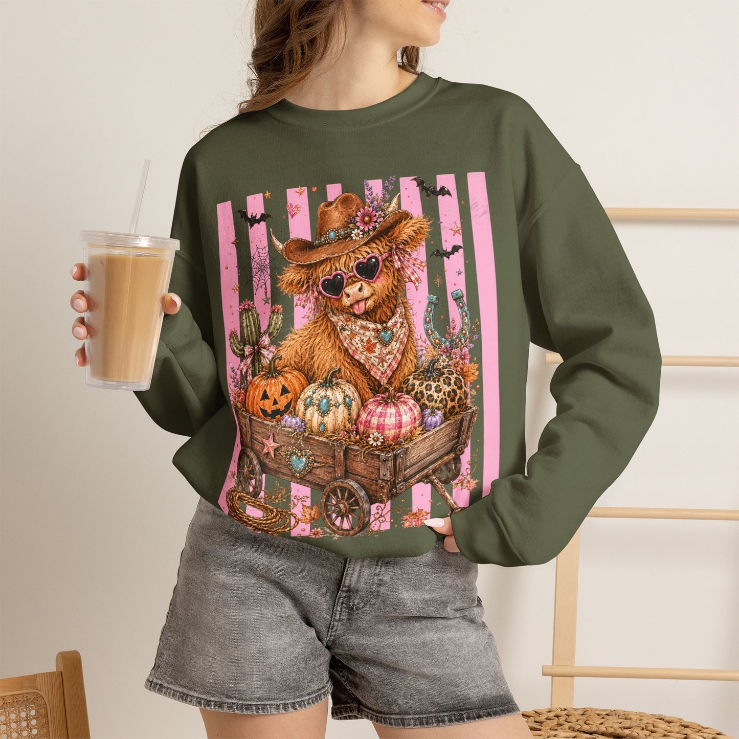Fall Highland Cow Wagon | Crewneck Sweatshirt
