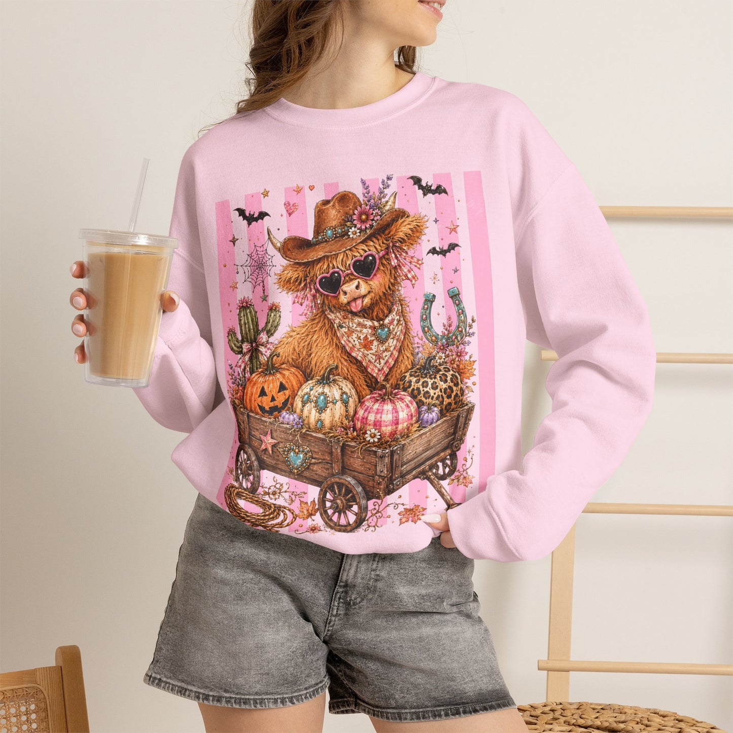 Fall Highland Cow Wagon | Crewneck Sweatshirt