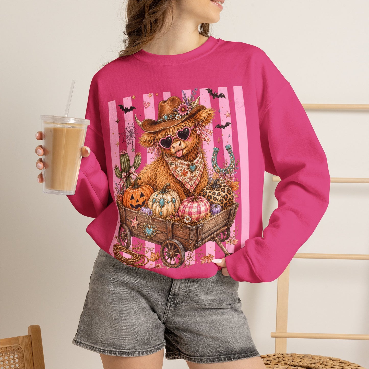 Fall Highland Cow Wagon | Crewneck Sweatshirt