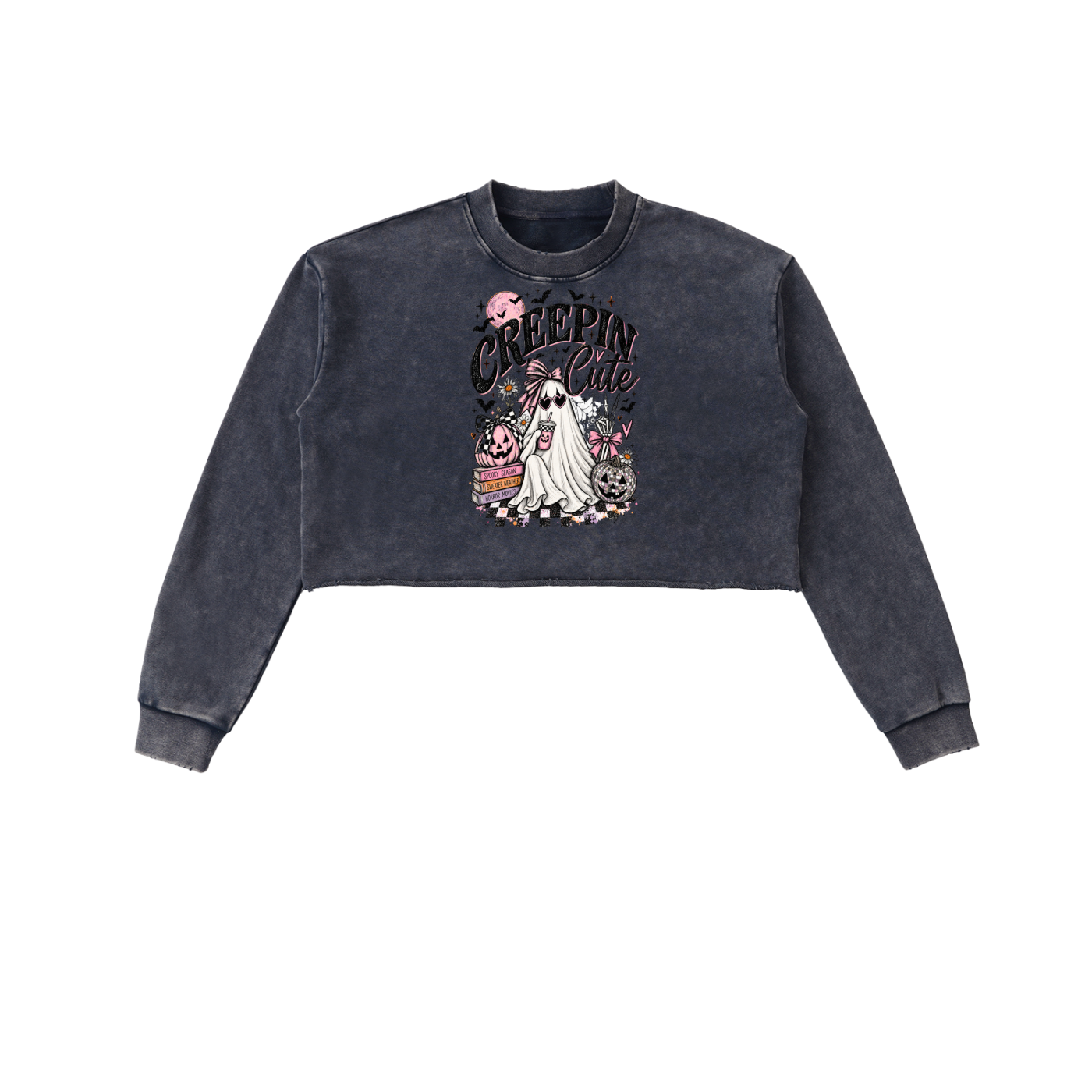 Creepin’ Cute Snow Washed Raw Edge Cropped Sweatshirt