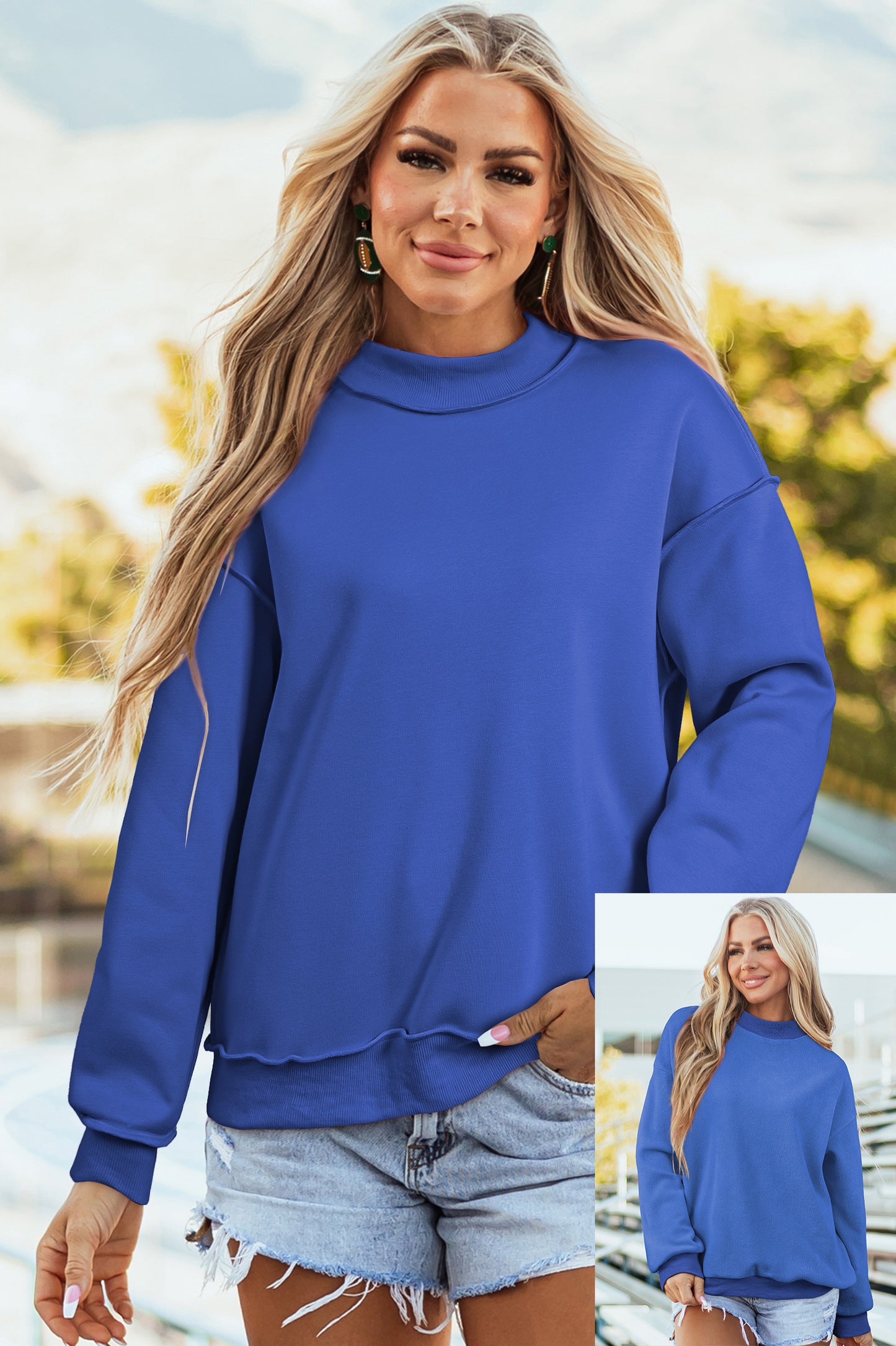 Coffee Oversize Drop Shoulder Reversible Mock Neck Sweatshirt