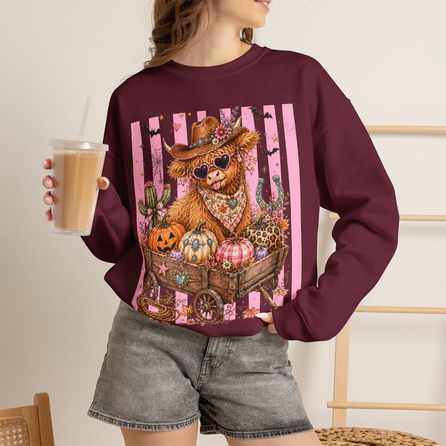 Fall Highland Cow Wagon | Crewneck Sweatshirt