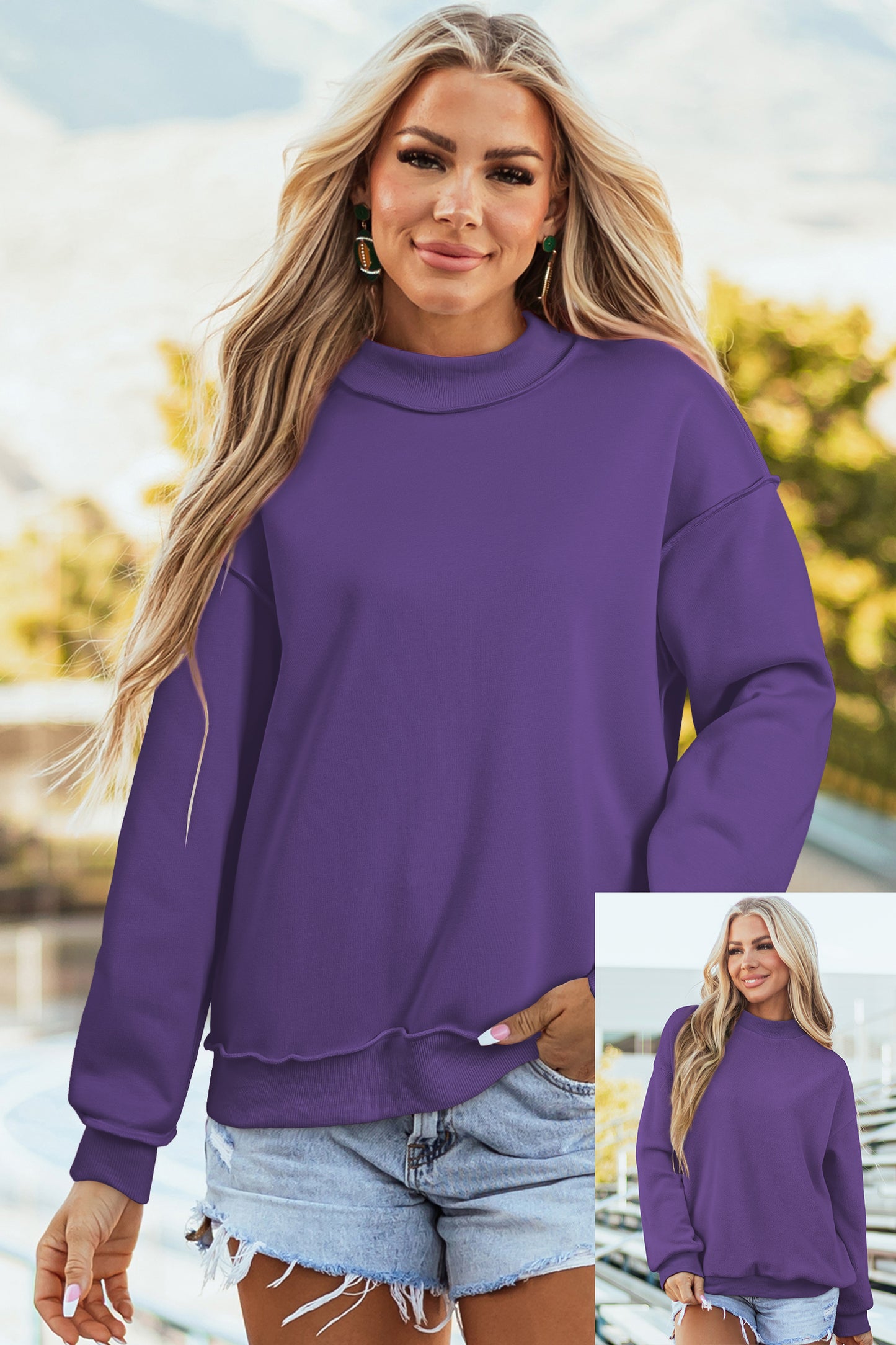 Coffee Oversize Drop Shoulder Reversible Mock Neck Sweatshirt