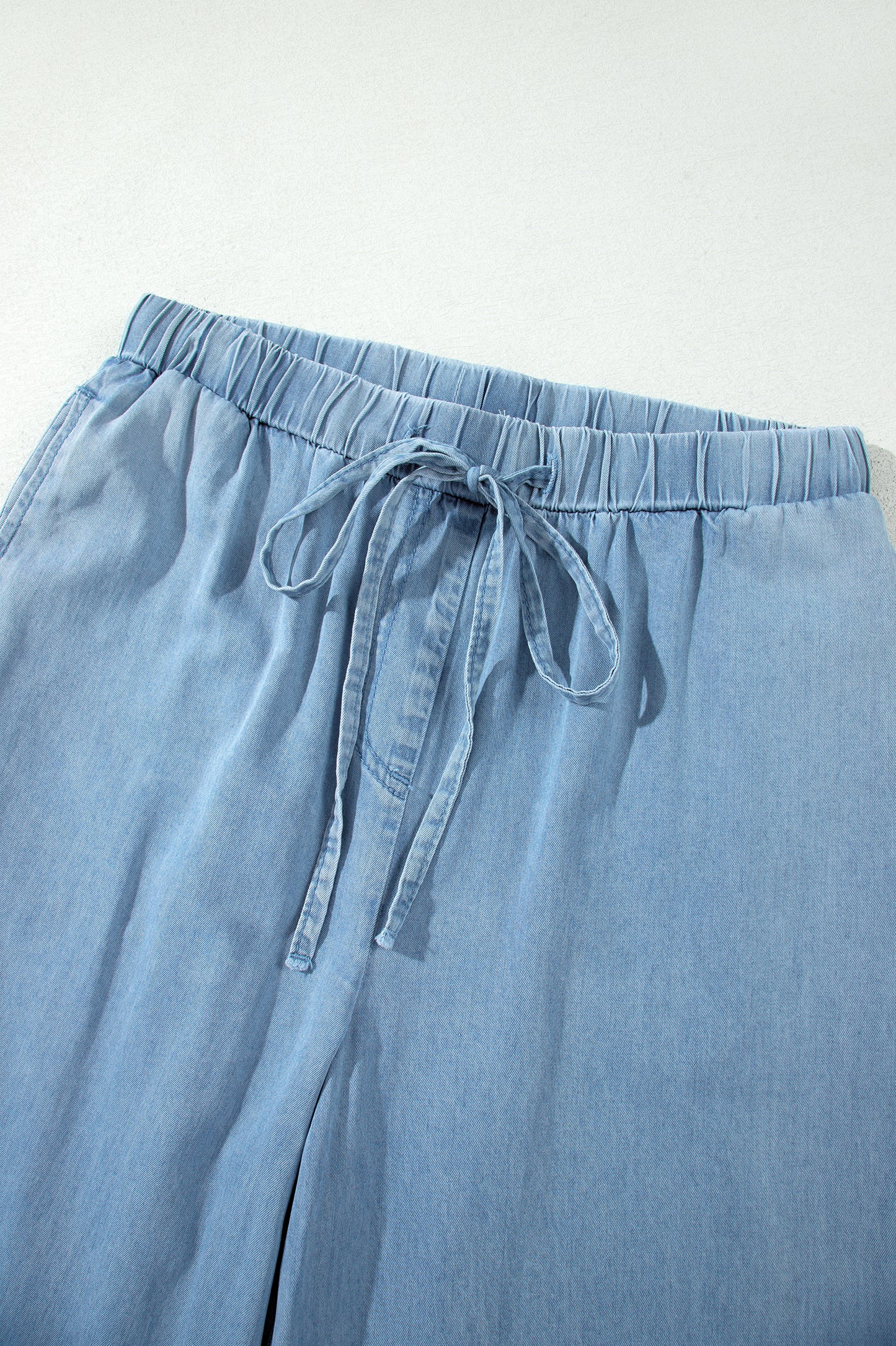 Dusk Blue Ruffled Hem Wide Leg Chambray Pants