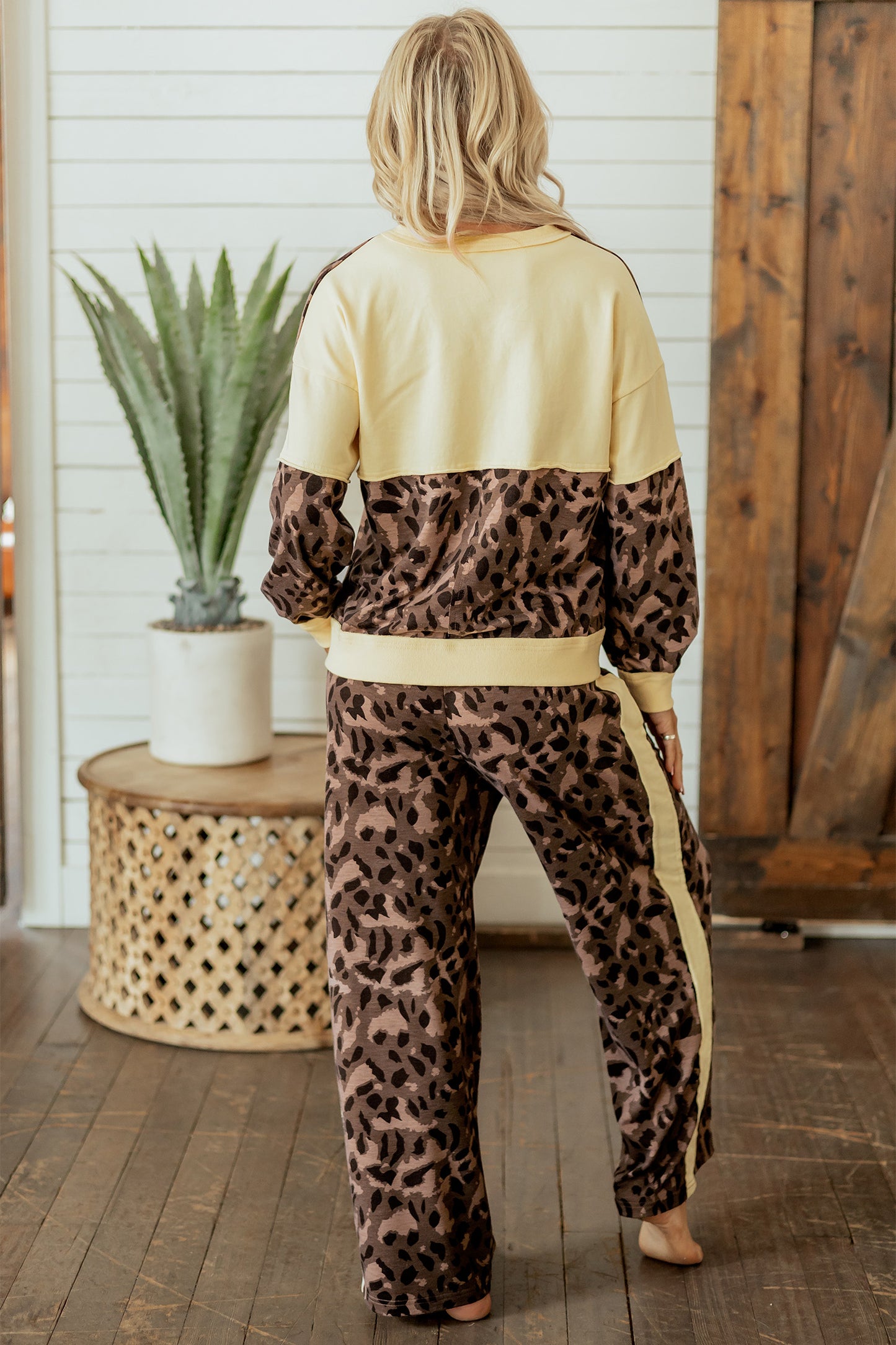 Brown Leopard Print Long Sleeve V-Neck Wide Leg Pant Set