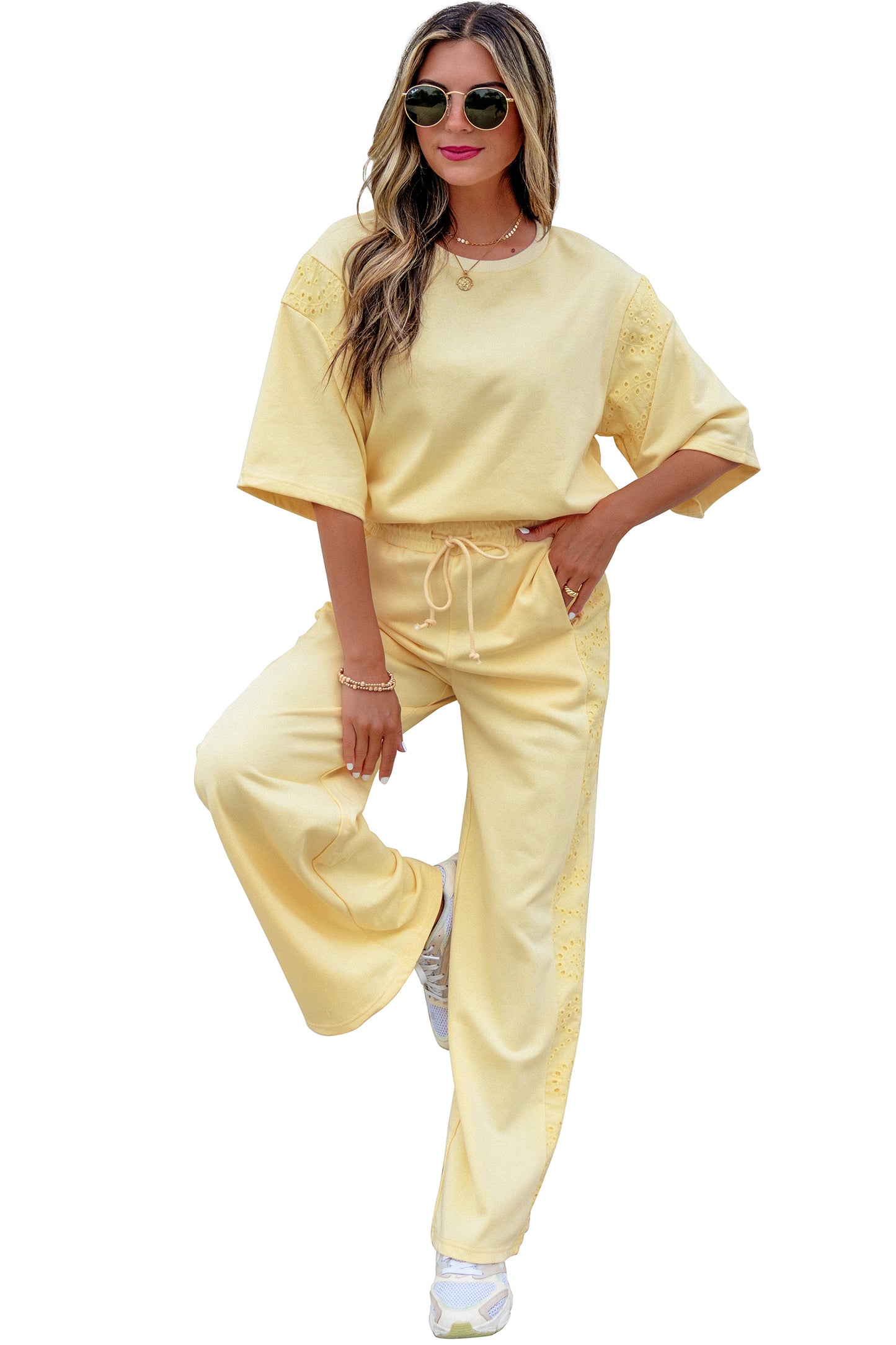 Yellow Cream Lace Patchwork Half Sleeve Top Elastic Waist Pants Two Piece Set