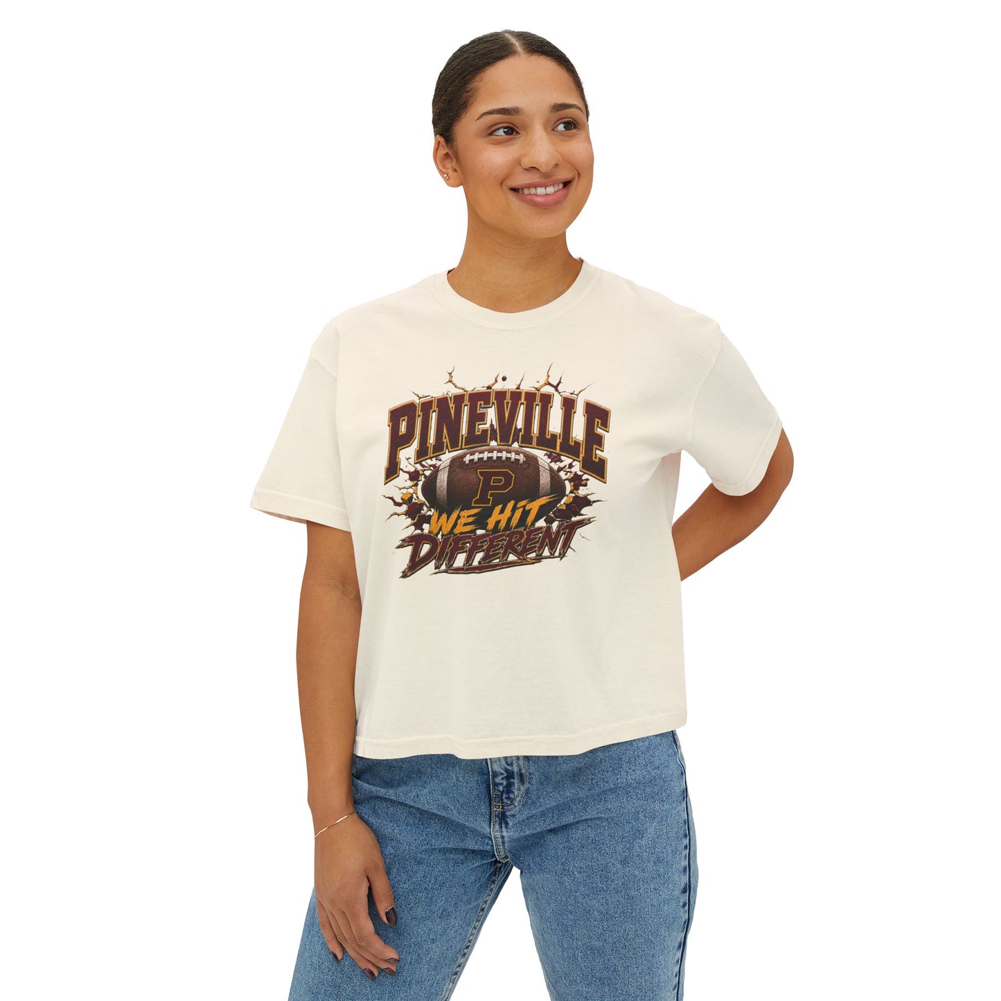 Pineville We Hit Different Football Boxy Tee