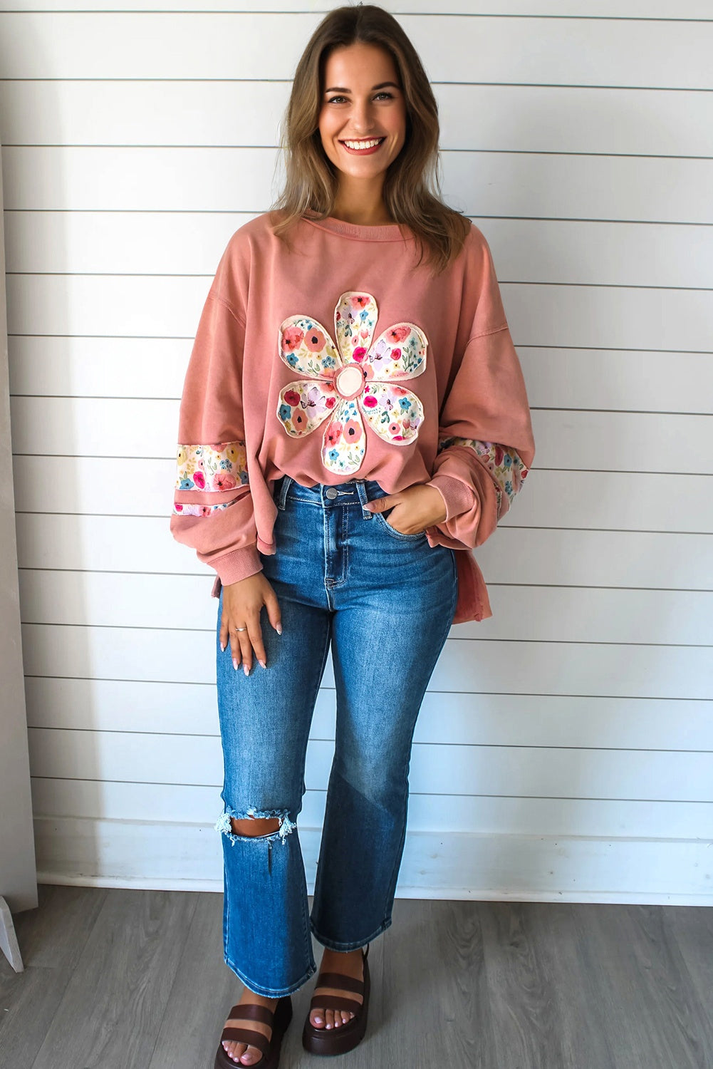 Pale Khaki Floral Applique Baggy Pullover Sweatshirt