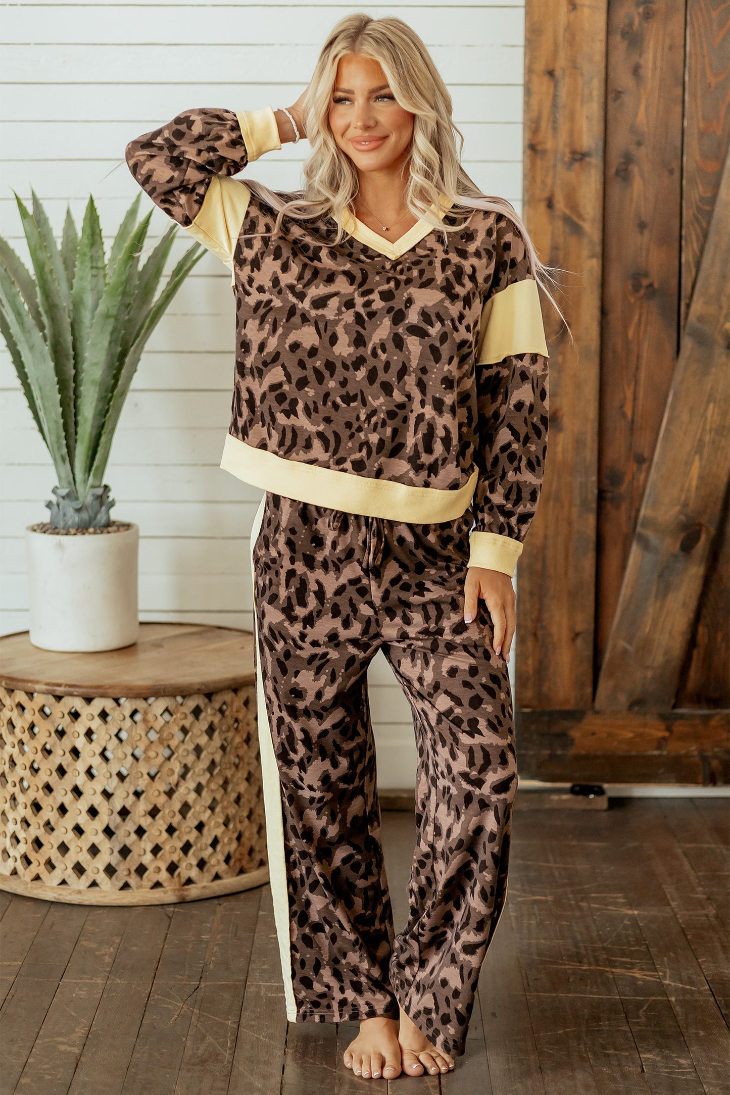 Brown Leopard Print Long Sleeve V-Neck Wide Leg Pant Set