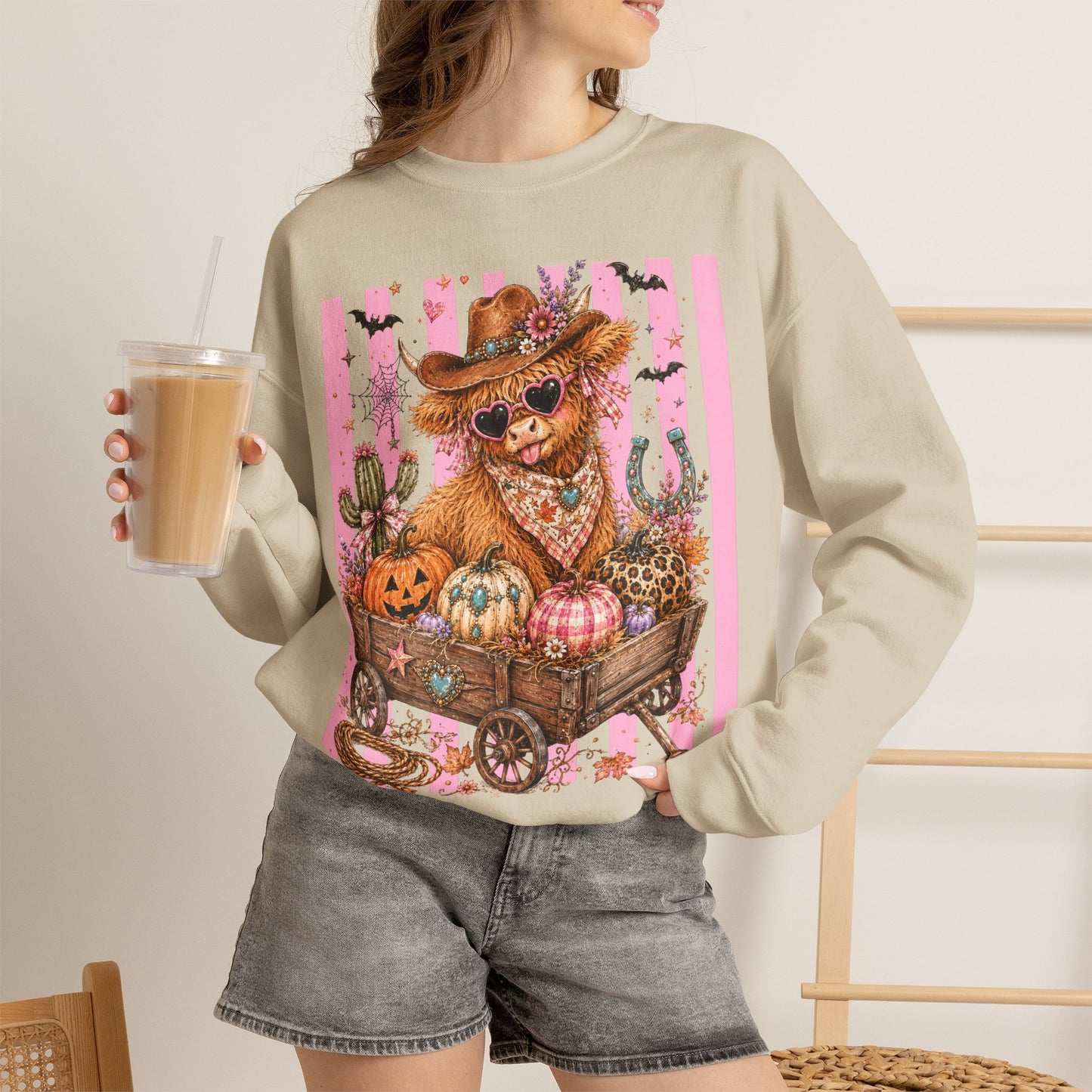 Fall Highland Cow Wagon | Crewneck Sweatshirt