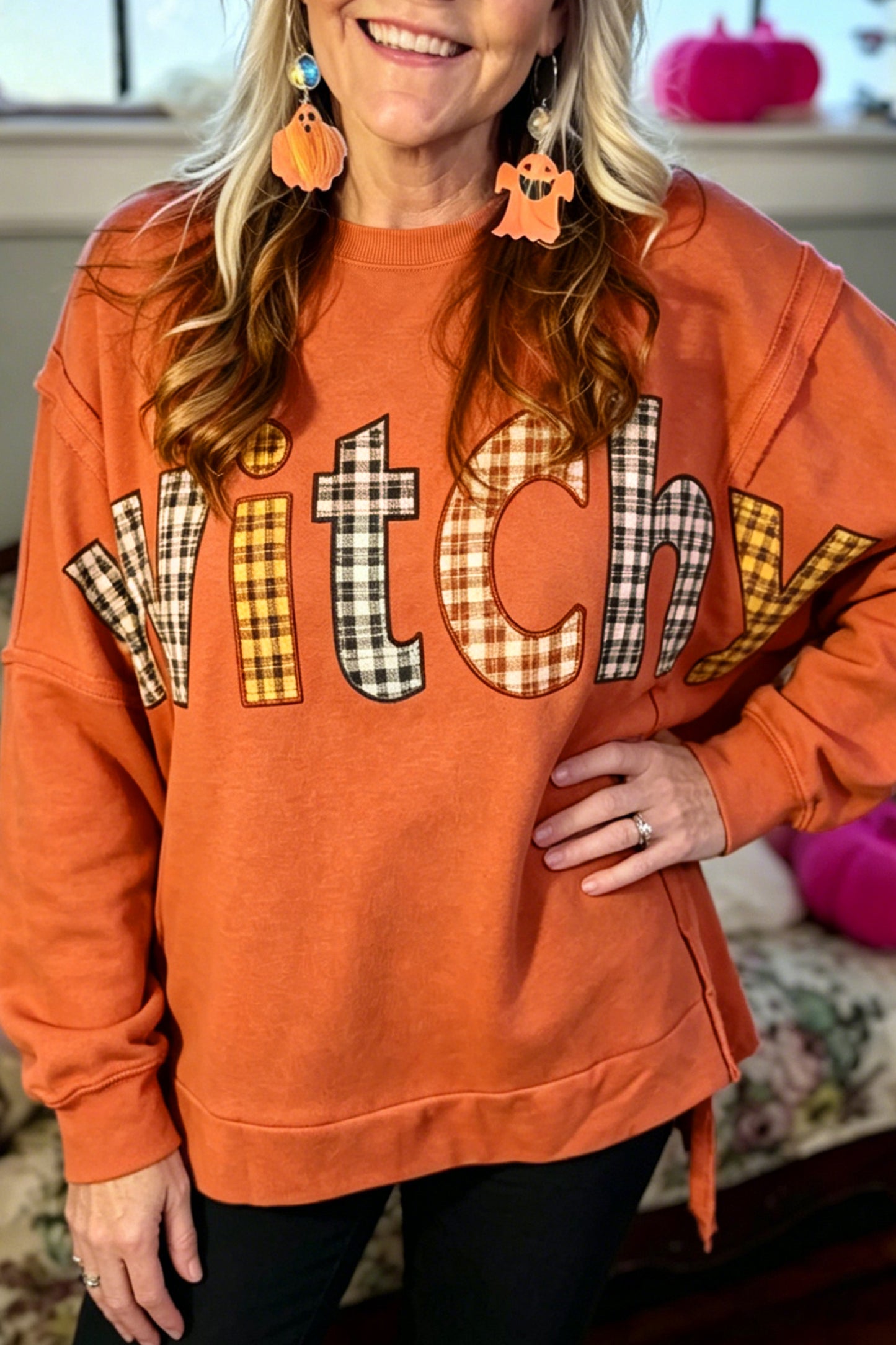 Flamingo Halloween Witchy Plaid Slogan Embroidered Patch Tunic Sweatshirt