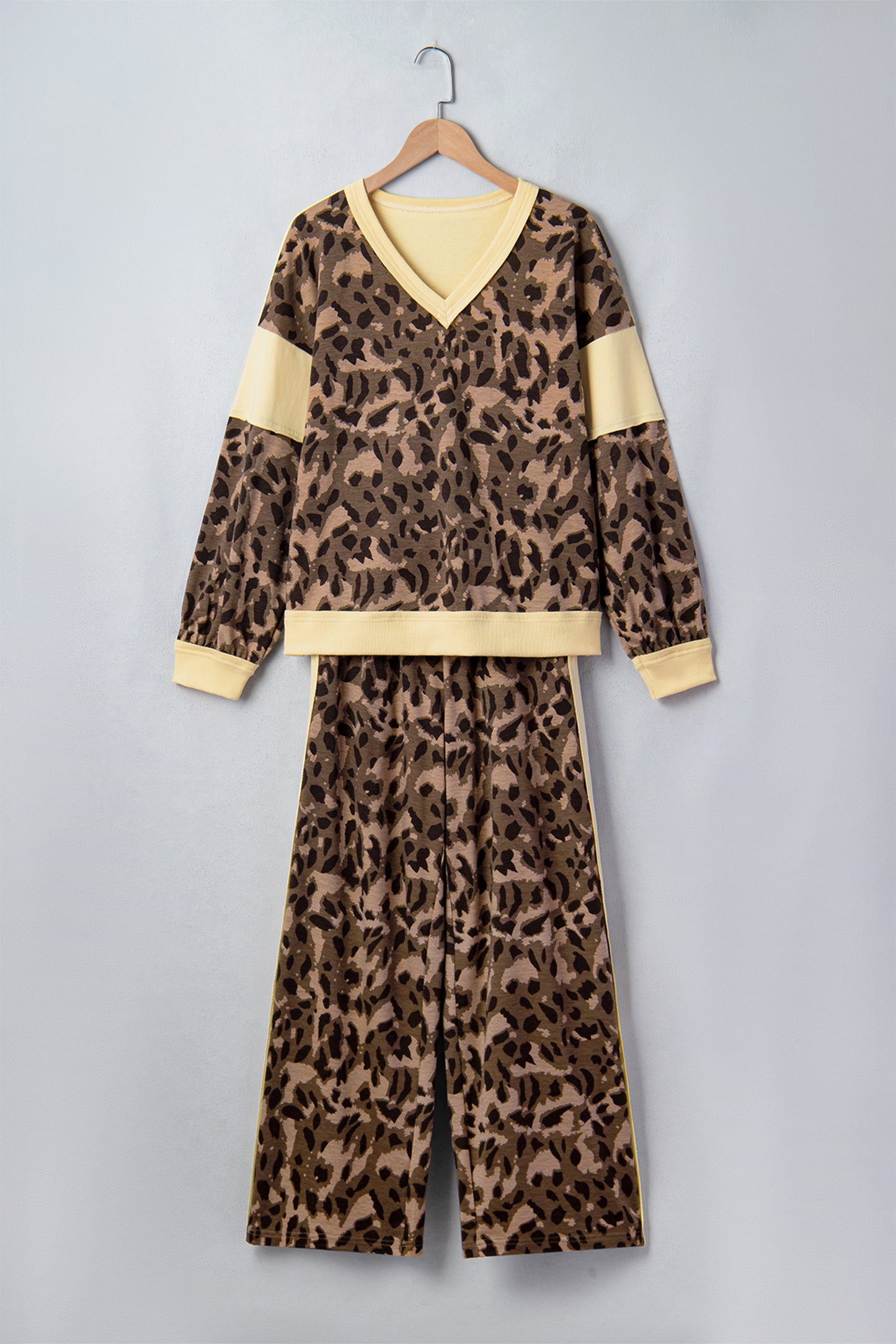 Brown Leopard Print Long Sleeve V-Neck Wide Leg Pant Set