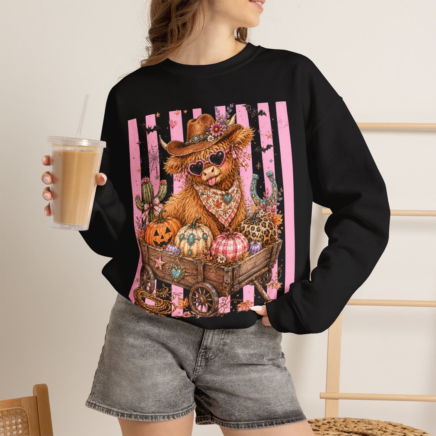Fall Highland Cow Wagon | Crewneck Sweatshirt