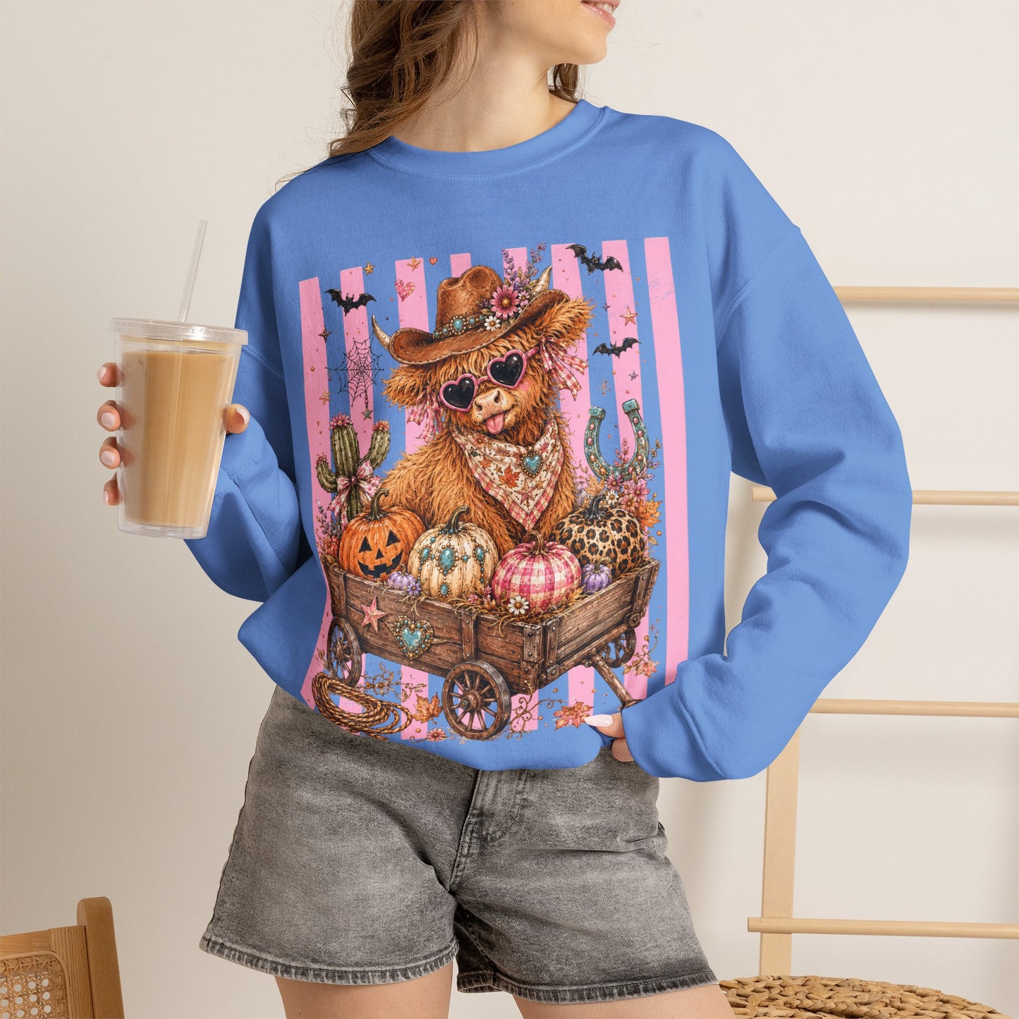 Fall Highland Cow Wagon | Crewneck Sweatshirt