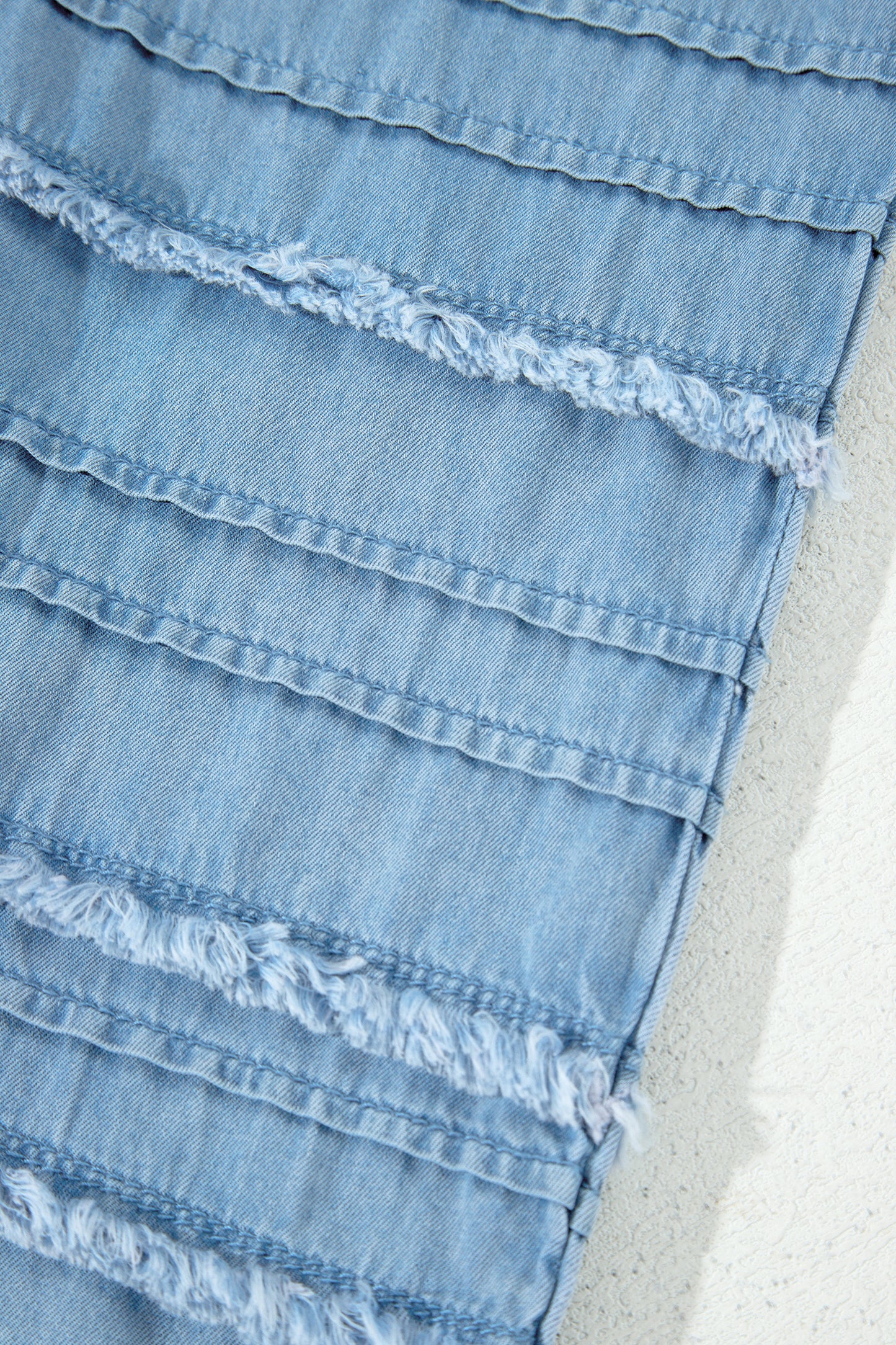 Dusk Blue Ruffled Hem Wide Leg Chambray Pants