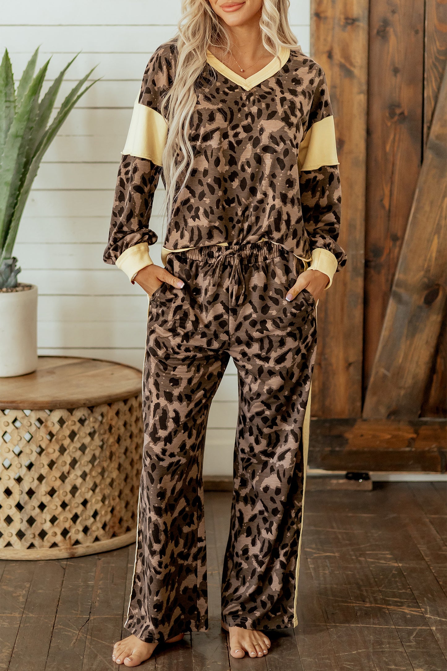 Brown Leopard Print Long Sleeve V-Neck Wide Leg Pant Set