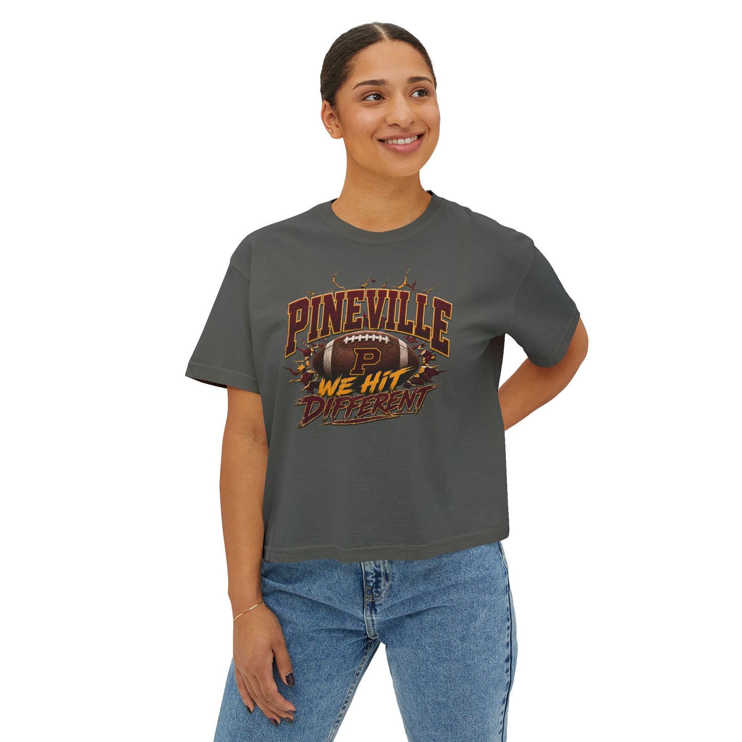 Pineville We Hit Different Football Boxy Tee