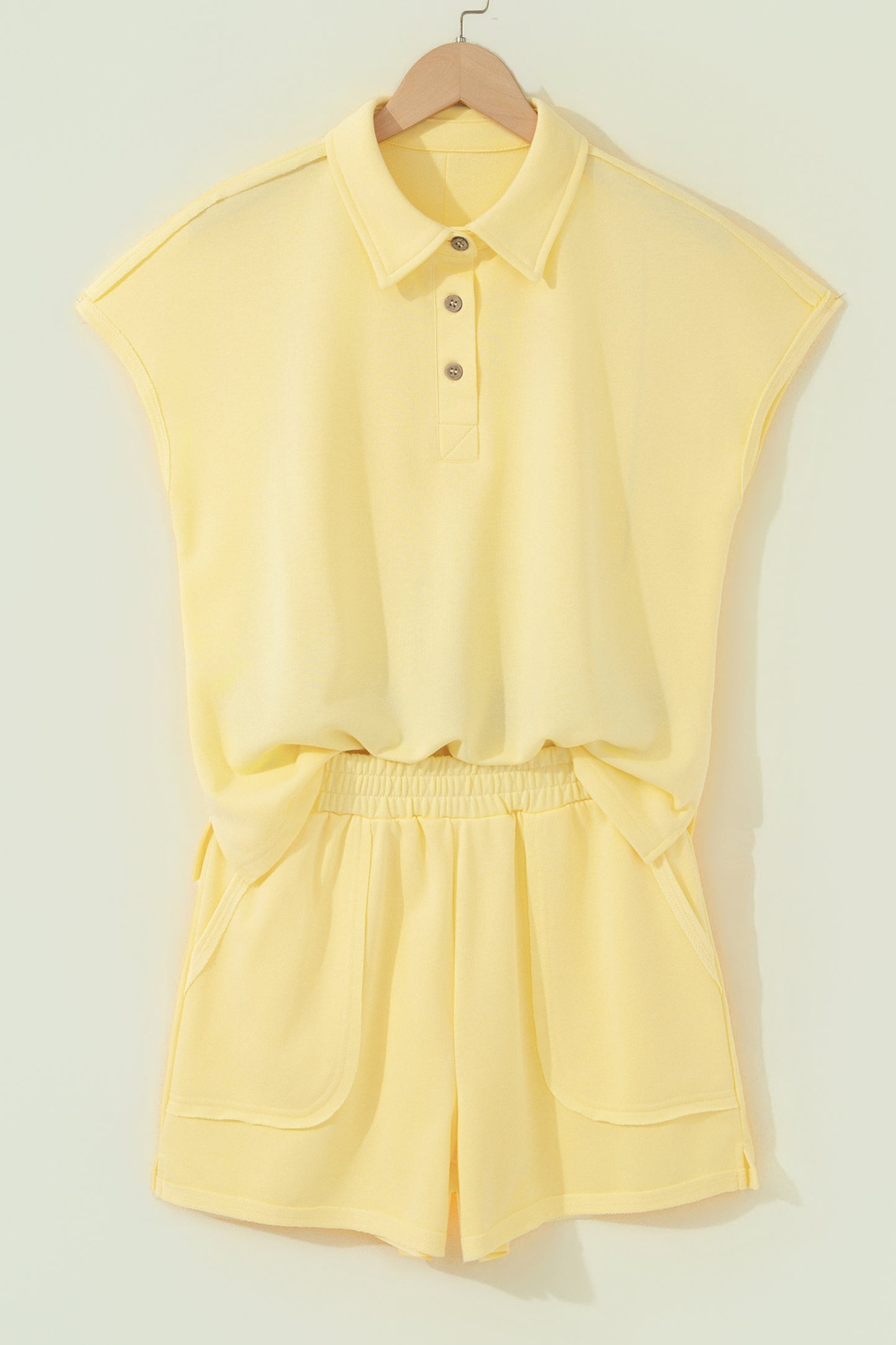 Banana Cream Loose Polo Tee Elastic Waist 2pcs Short Set