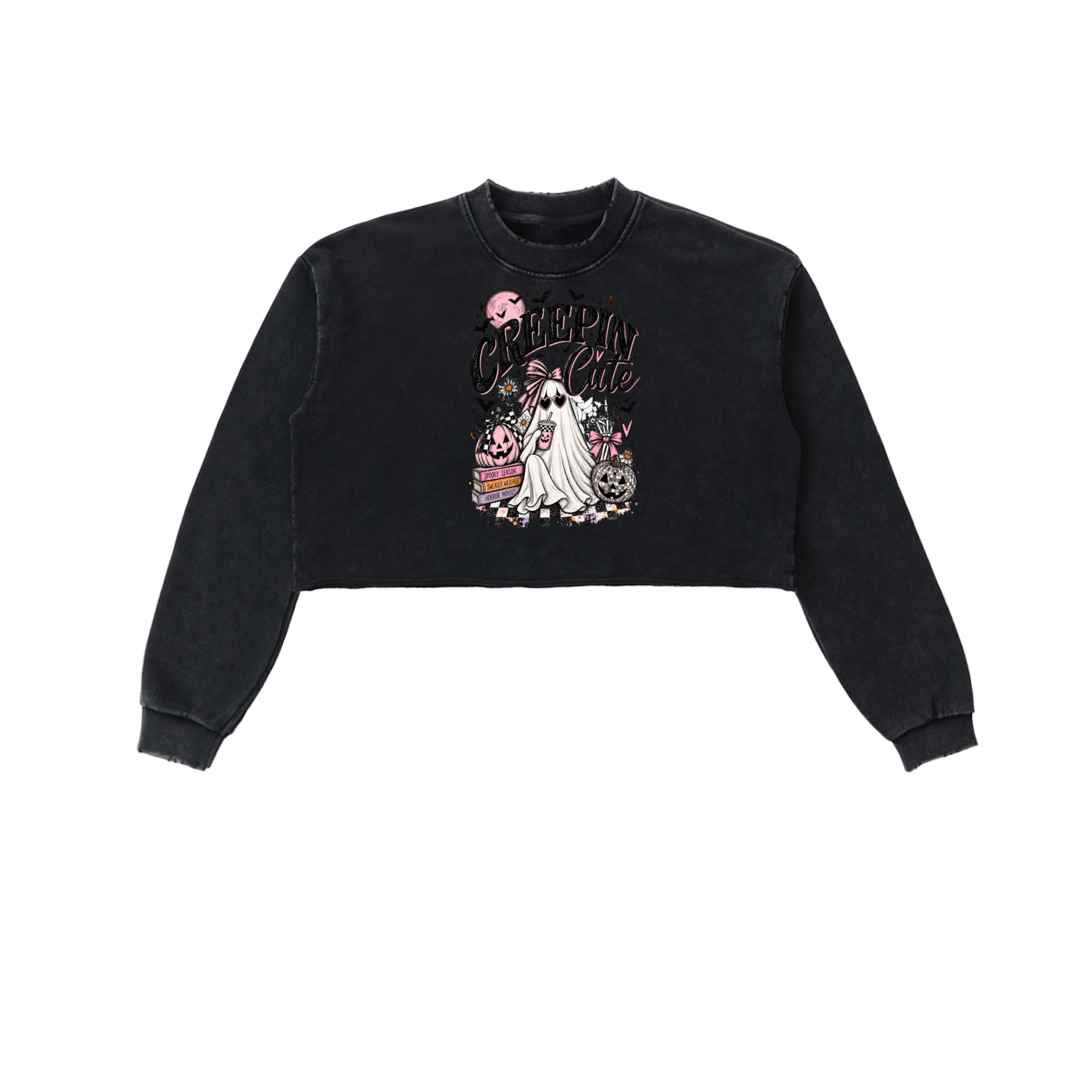 Creepin’ Cute Snow Washed Raw Edge Cropped Sweatshirt