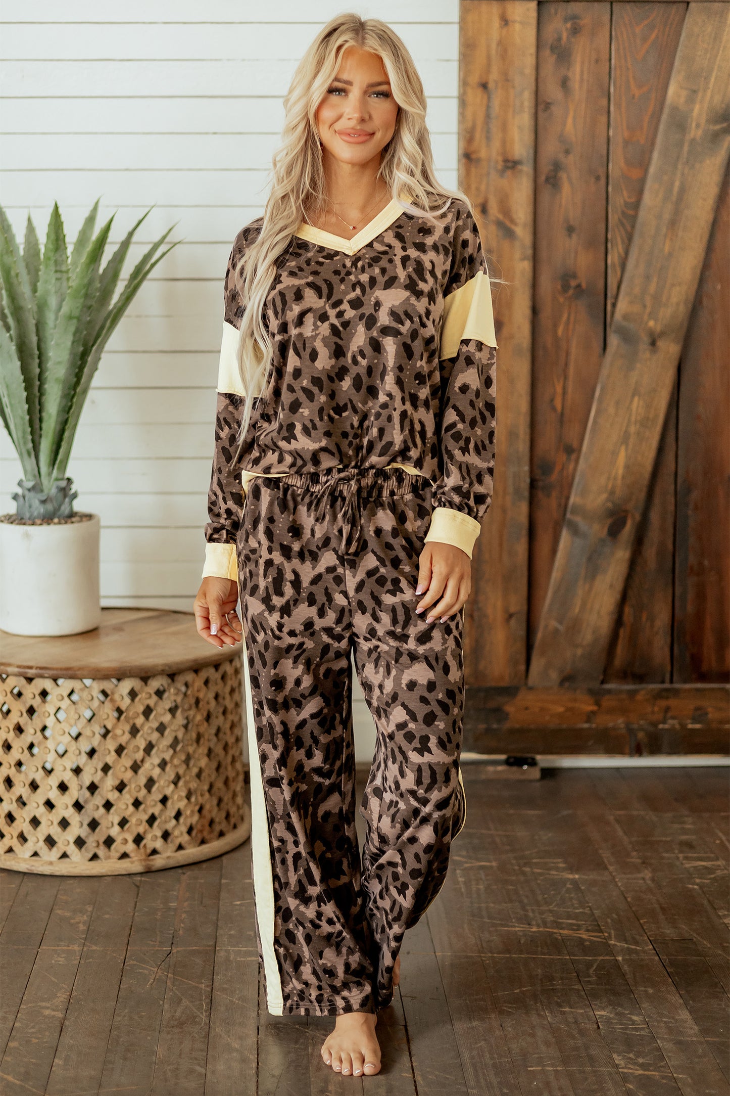 Brown Leopard Print Long Sleeve V-Neck Wide Leg Pant Set