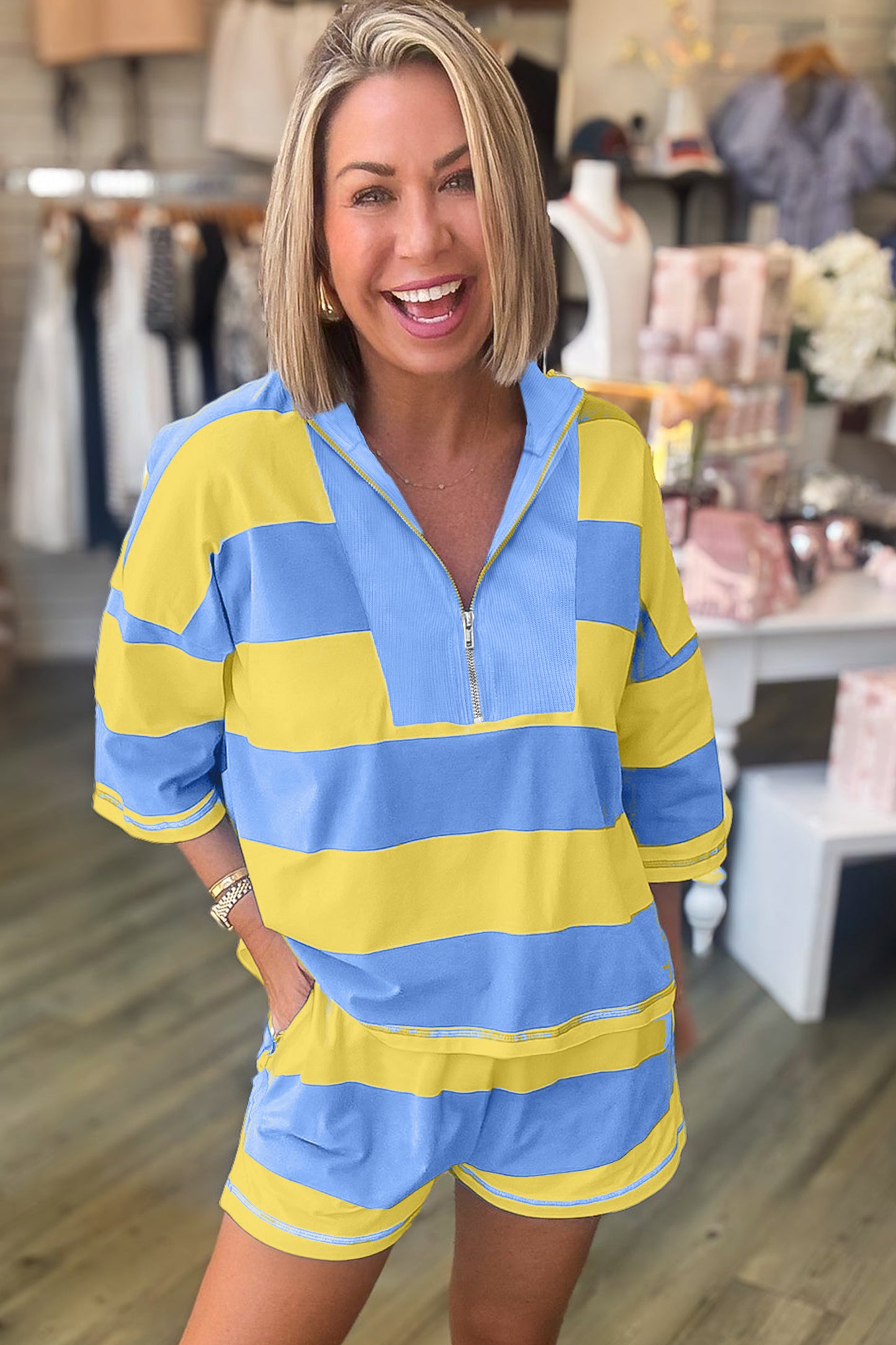 Sky Blue Stripe Half Zipper Placket Bracelet Sleeve Top Casual Shorts Set
