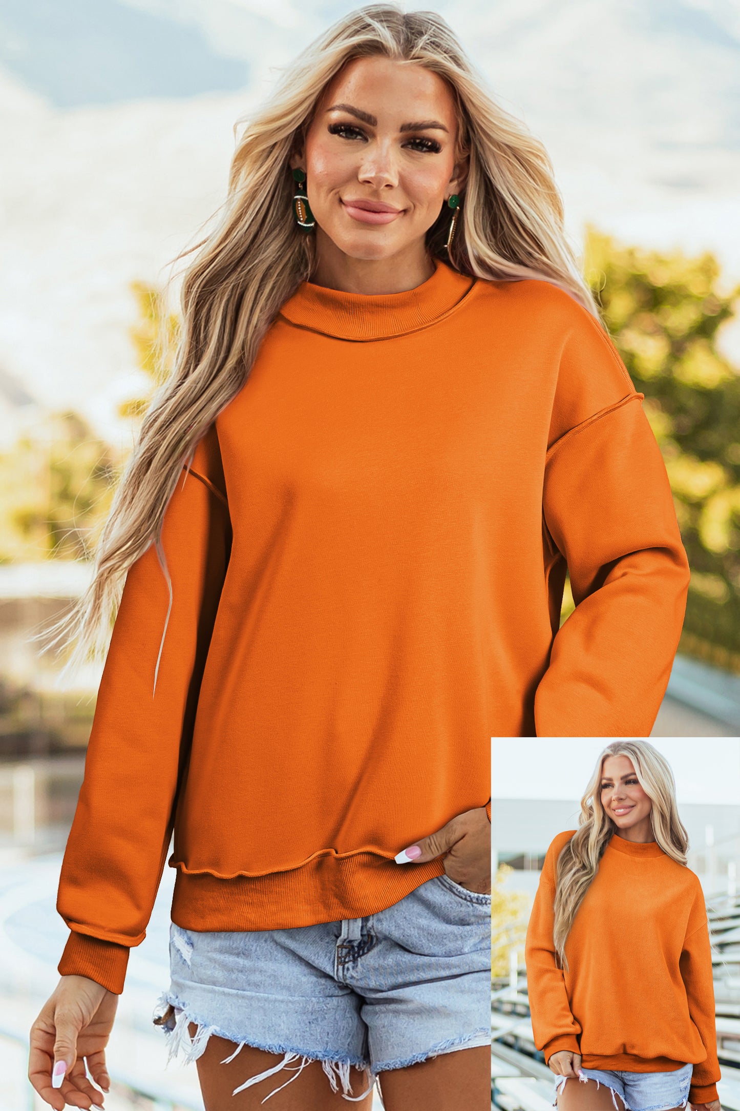 Coffee Oversize Drop Shoulder Reversible Mock Neck Sweatshirt