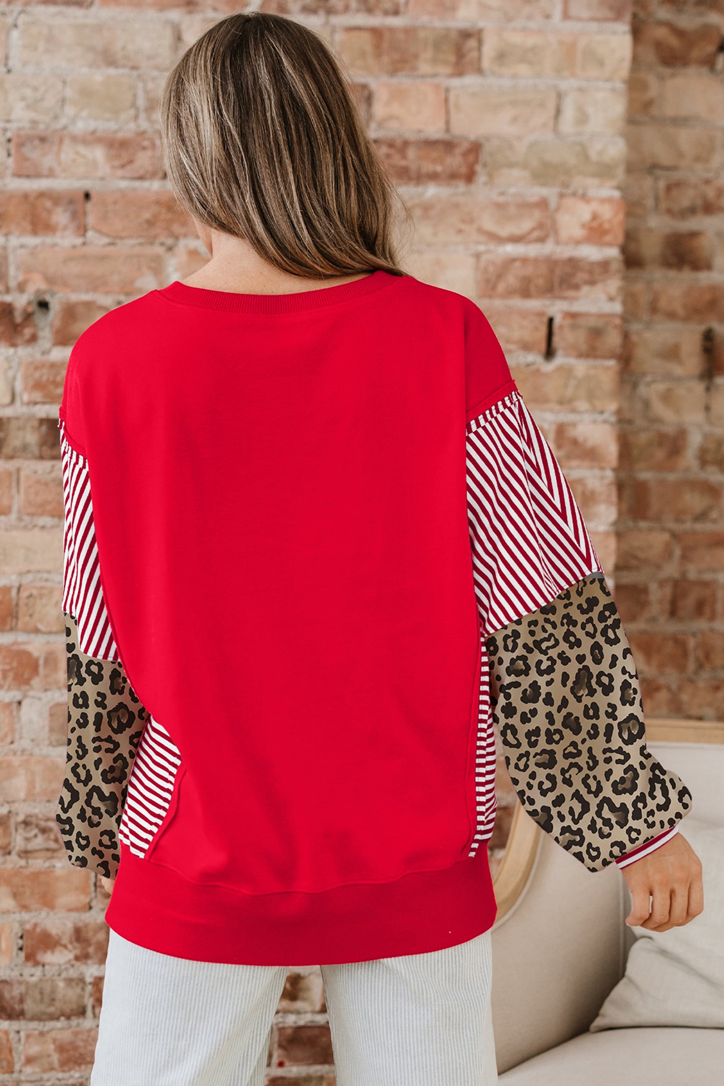 Dark Blue Striped Patchwork Sleeve Colorblock Sweatshirt