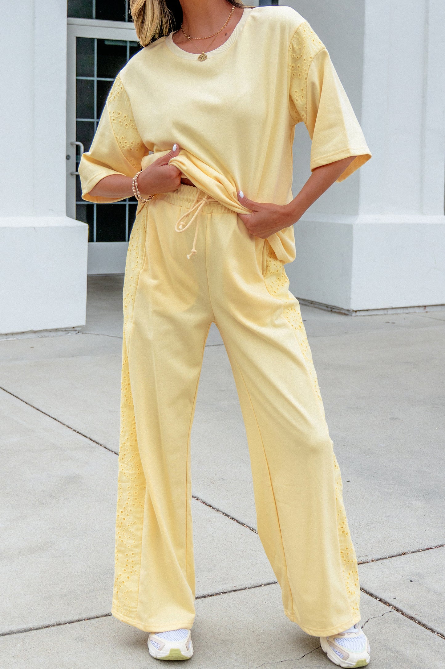 Yellow Cream Lace Patchwork Half Sleeve Top Elastic Waist Pants Two Piece Set