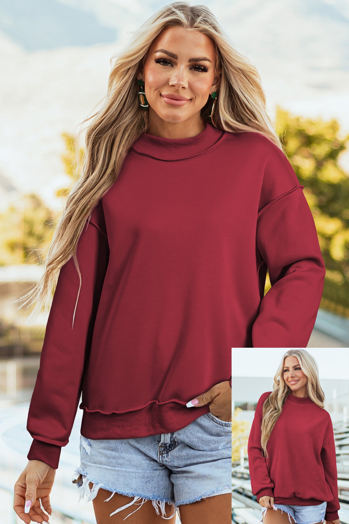 Coffee Oversize Drop Shoulder Reversible Mock Neck Sweatshirt