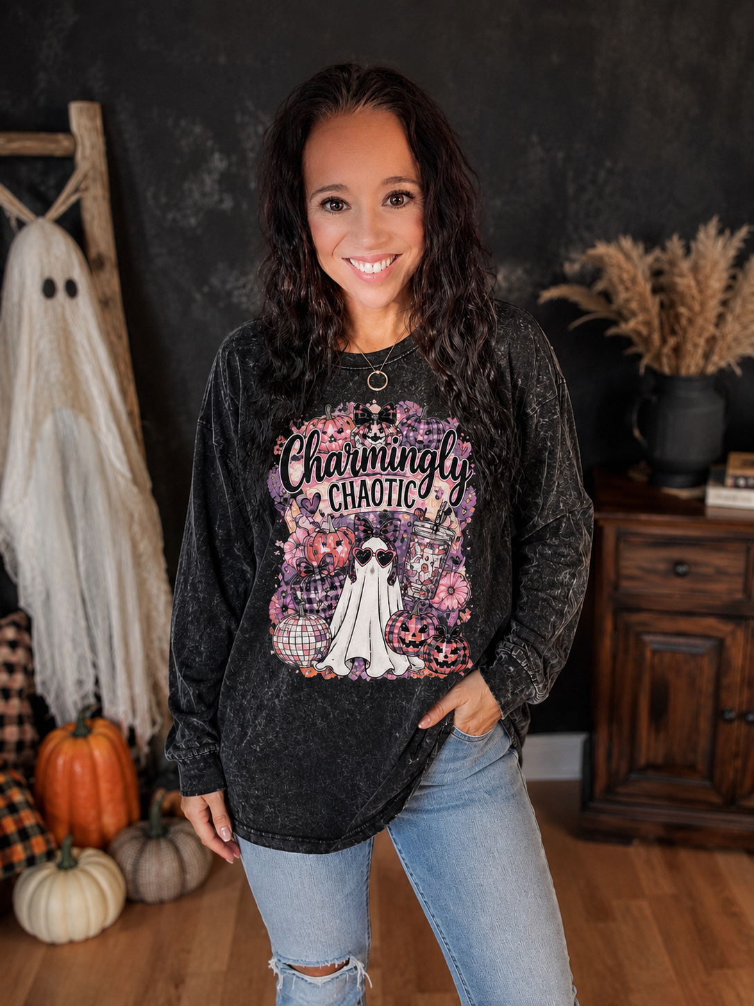 Charmingly Chaotic Acid Wash Oversized Long Sleeve Tee