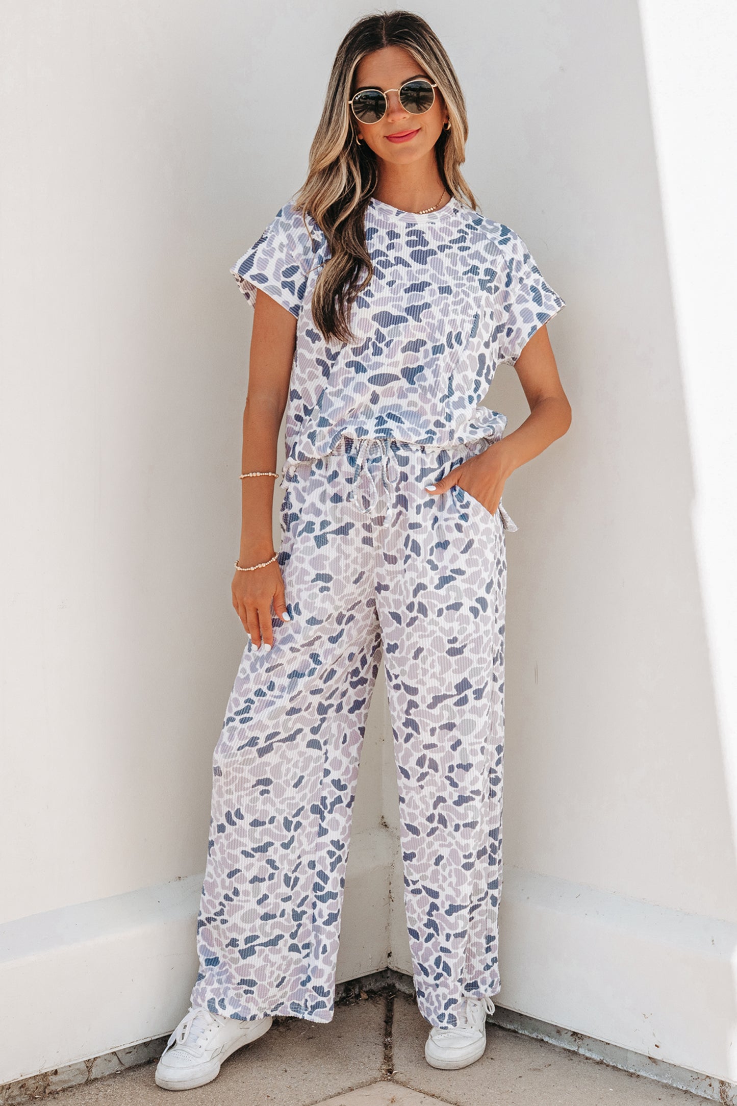Beige Camouflage Print Twisted Rib Loose Tee Drawstring Pants Set