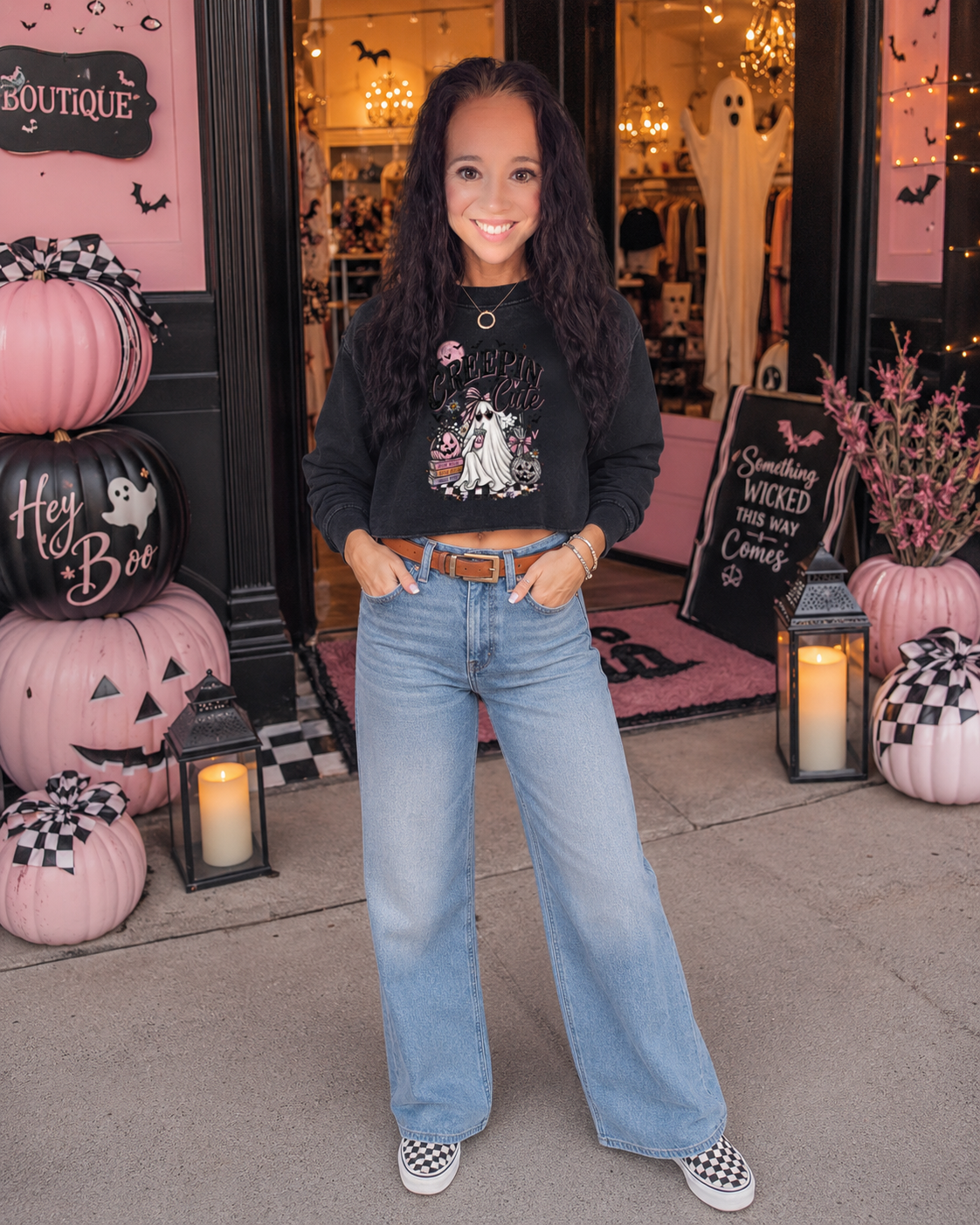 Creepin’ Cute Snow Washed Raw Edge Cropped Sweatshirt