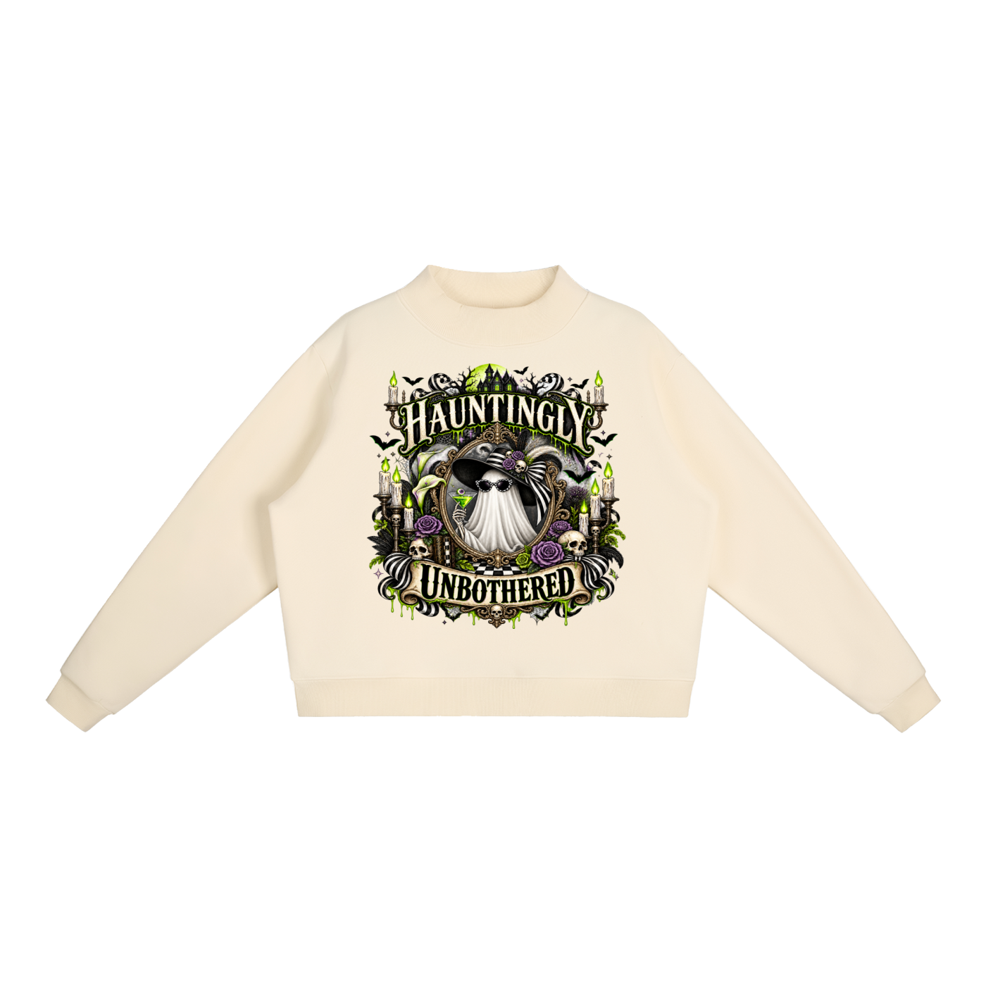 Hauntingly Unbothered Mock Neck Fleece Sweatshirt