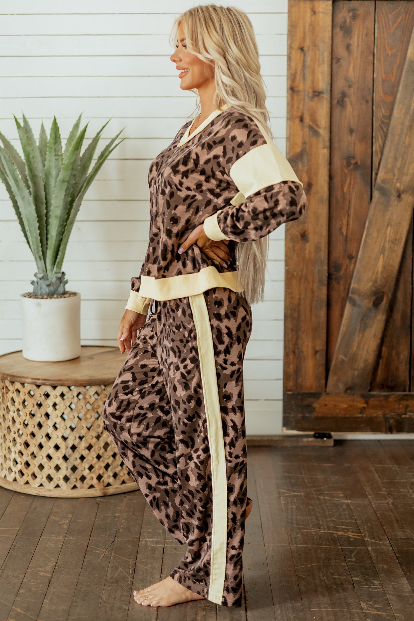 Brown Leopard Print Long Sleeve V-Neck Wide Leg Pant Set