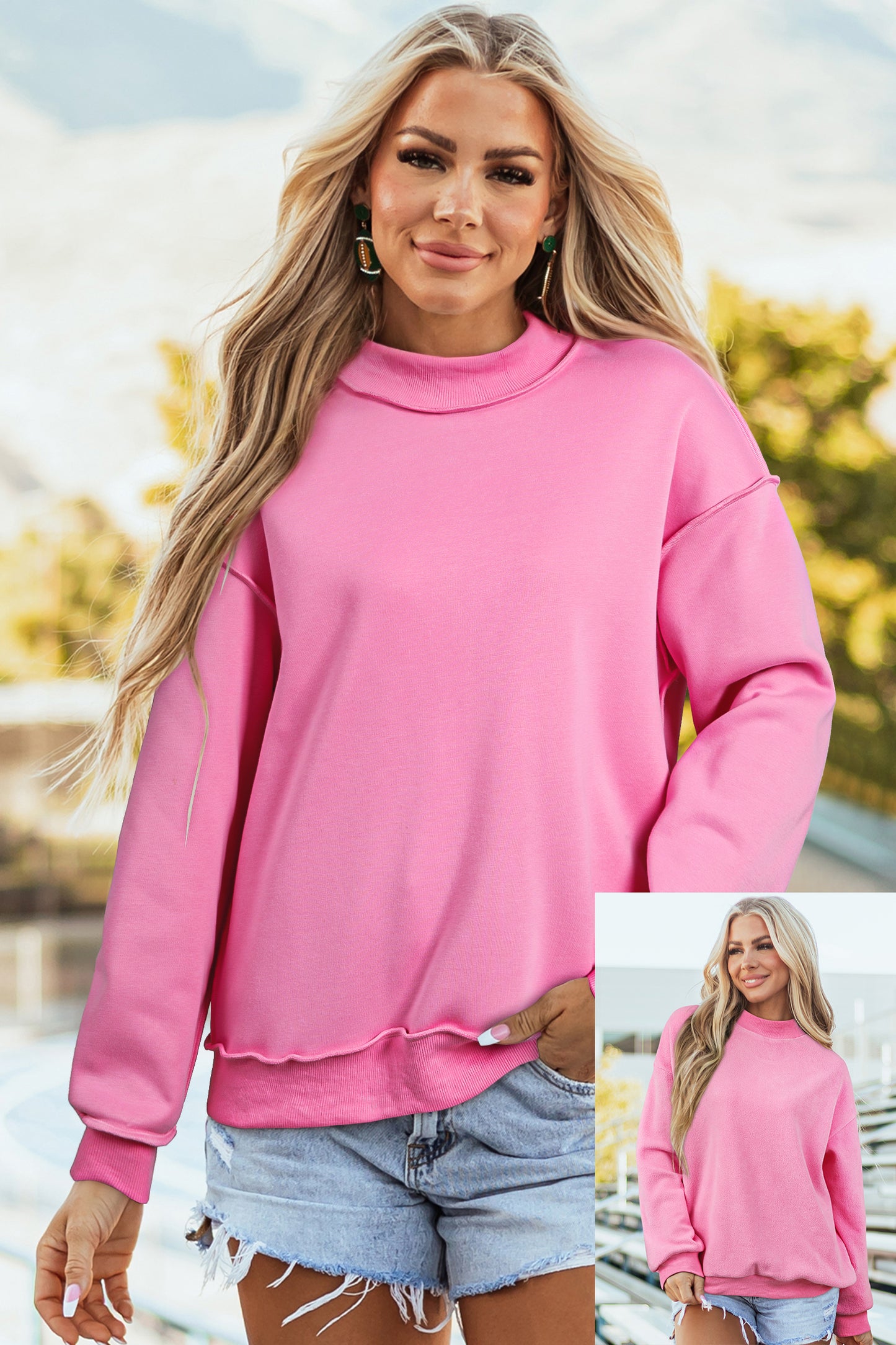 Coffee Oversize Drop Shoulder Reversible Mock Neck Sweatshirt