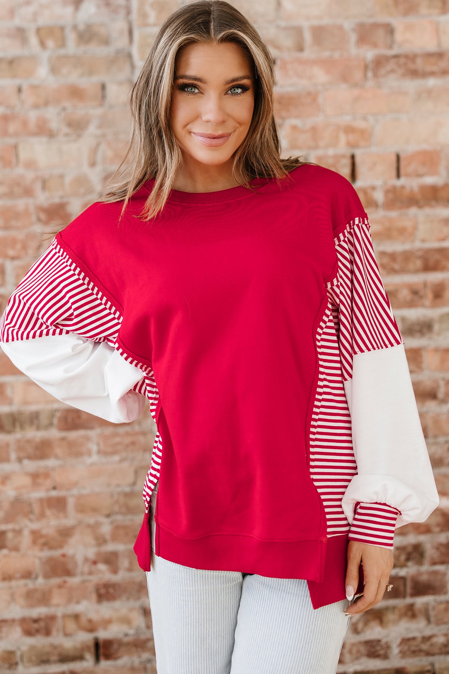 Dark Blue Striped Patchwork Sleeve Colorblock Sweatshirt