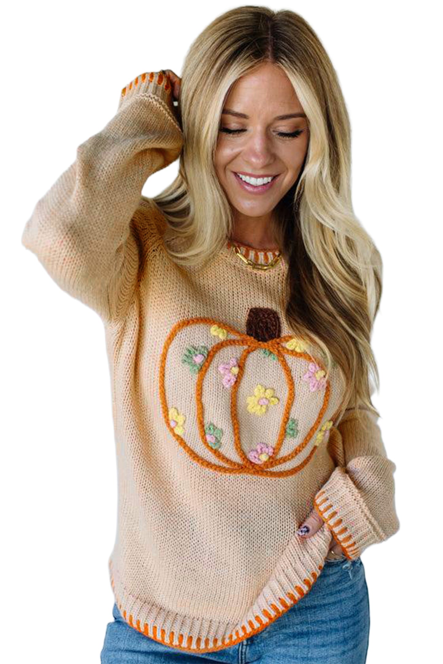 Parchment Floral Embroidery Pumpkin Long Sleeve Round Neck Sweater
