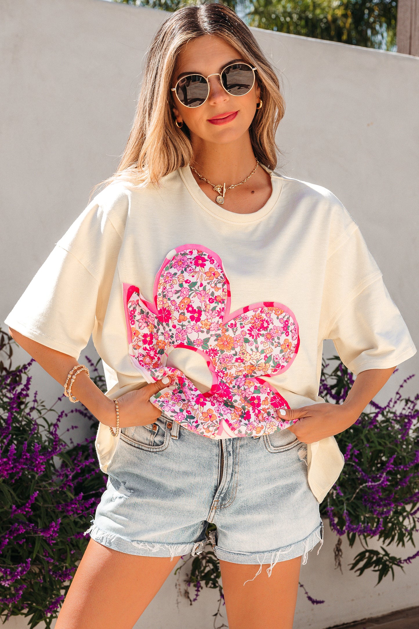 Bright Pink Floral Patched Raw Seam Big Flower Oversize Tee