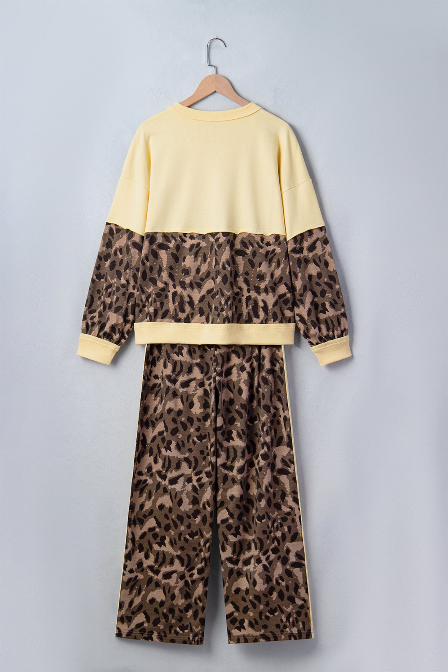 Brown Leopard Print Long Sleeve V-Neck Wide Leg Pant Set