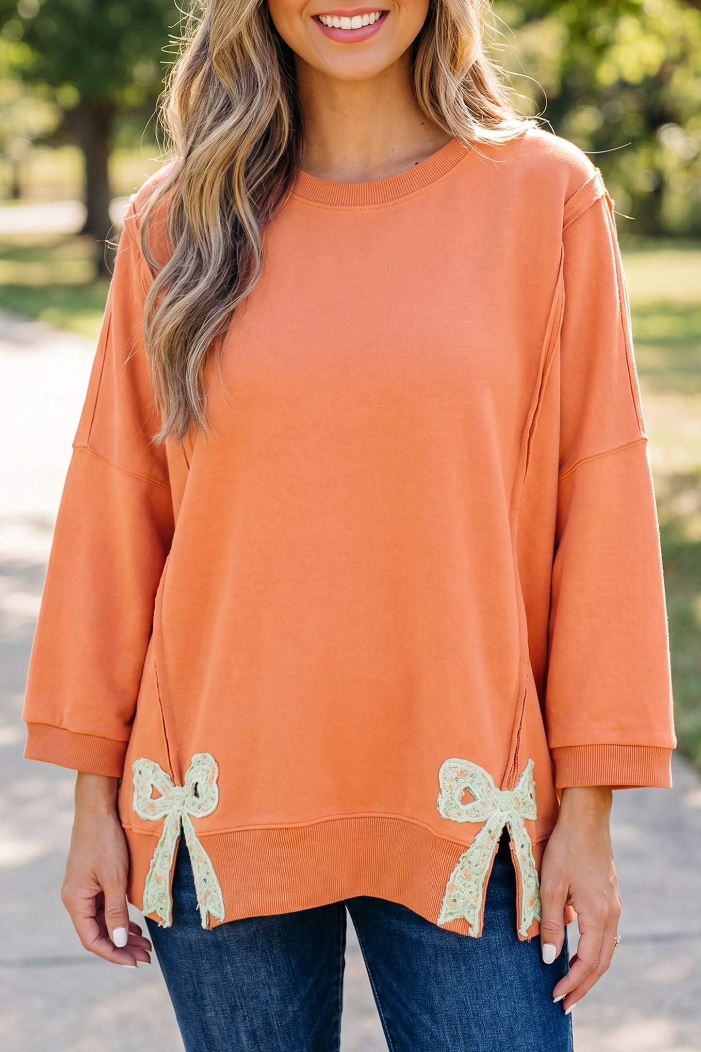 Pink Floral Bow Patched Exposed Seam Patchwork Slit Baggy Sweatshirt