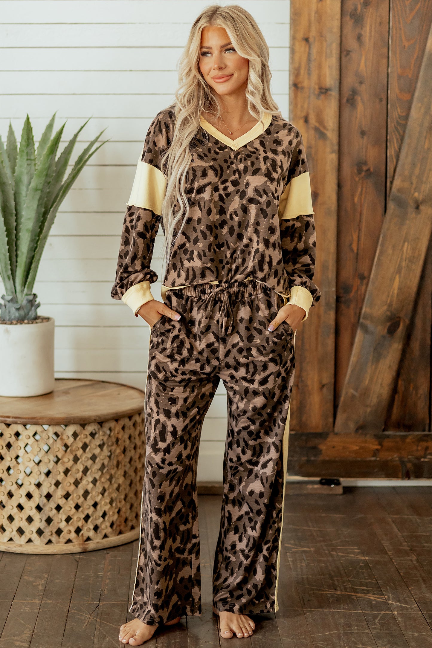 Brown Leopard Print Long Sleeve V-Neck Wide Leg Pant Set