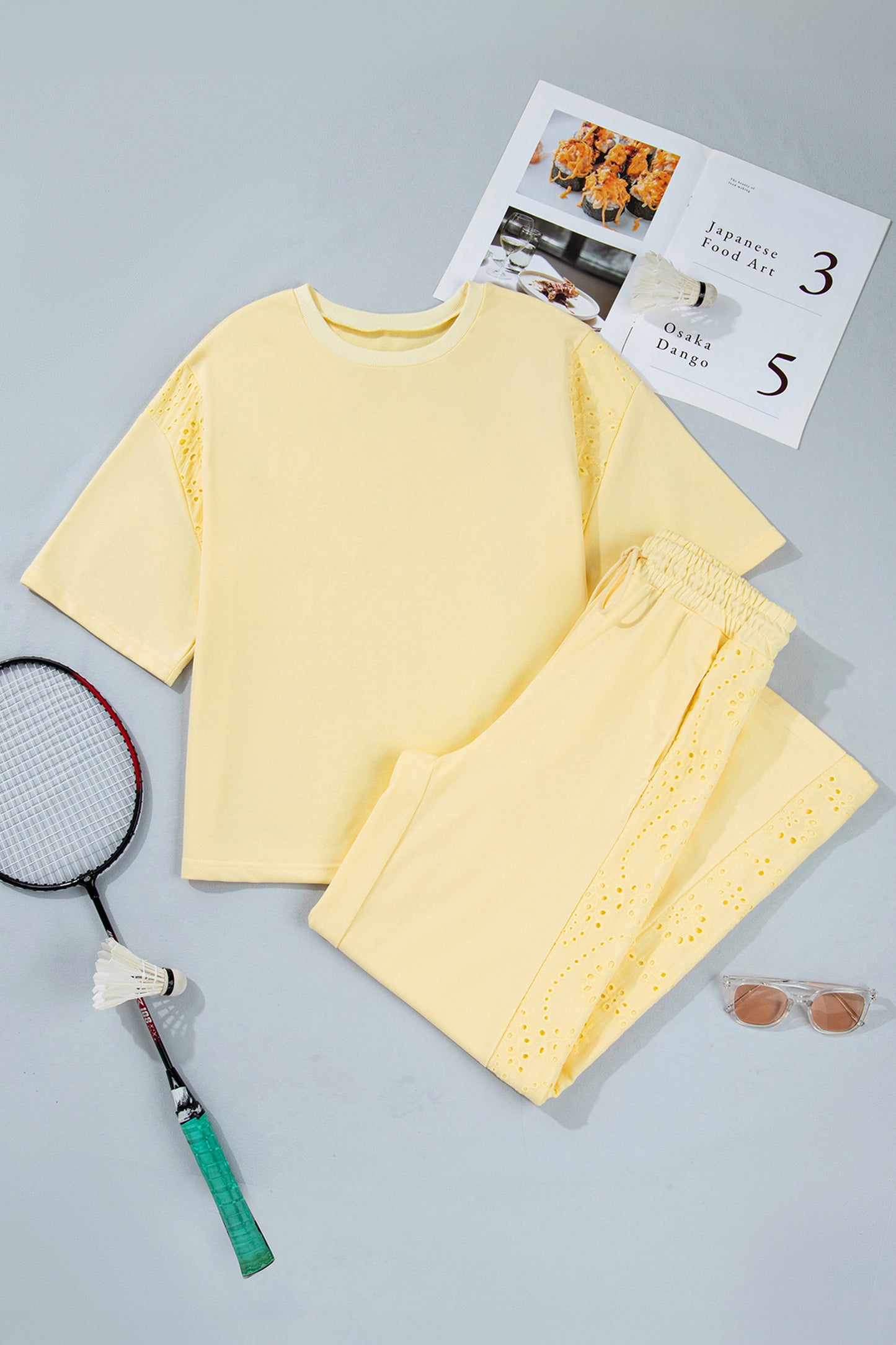 Yellow Cream Lace Patchwork Half Sleeve Top Elastic Waist Pants Two Piece Set