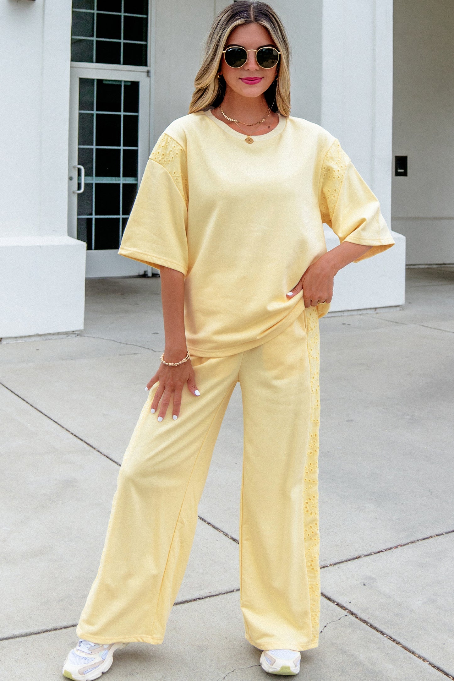 Yellow Cream Lace Patchwork Half Sleeve Top Elastic Waist Pants Two Piece Set