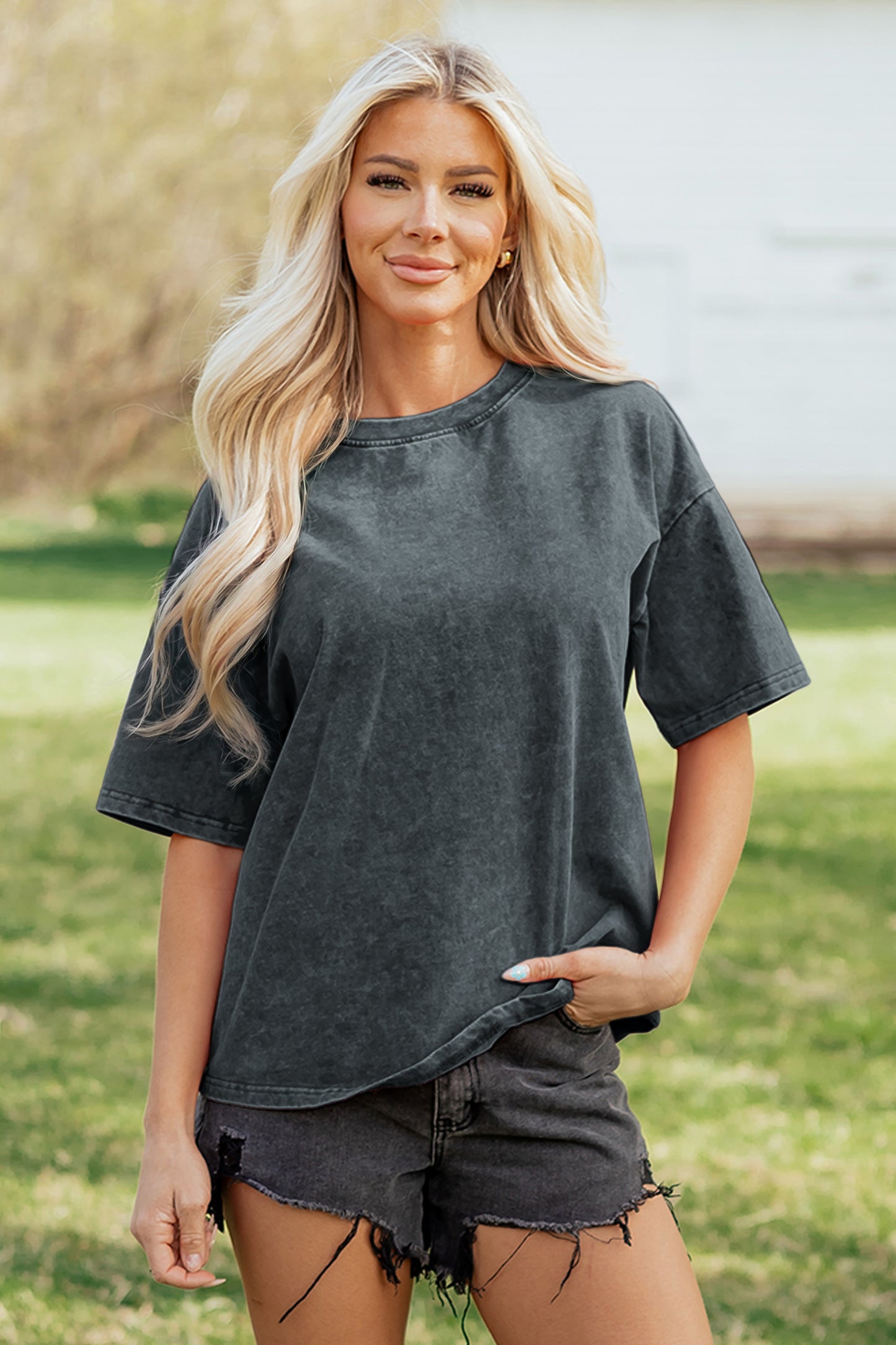 Mint Green Solid Color Cotton Mineral Washed Oversize Tee