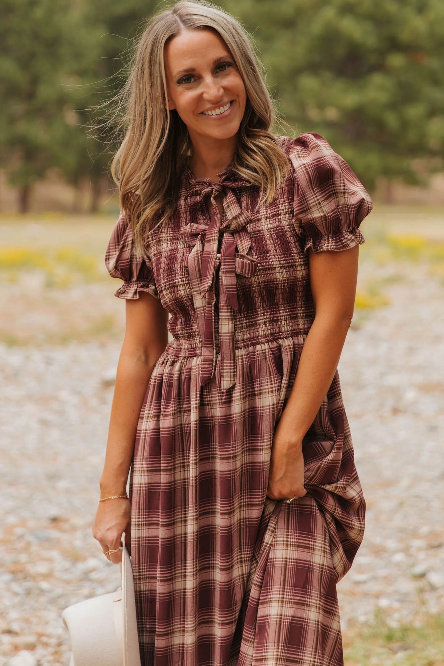 Red Vintage Plaid Knot Front Smocked High Waist Midi Dress