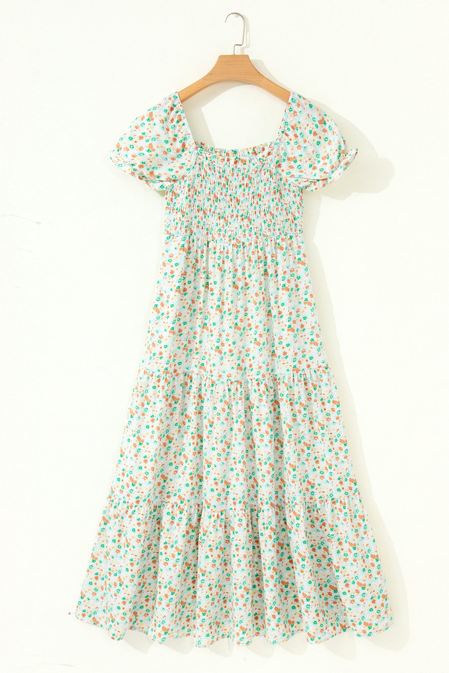 Pink Floral Short Bubble Sleeve Shirred High Waist Maxi Dress