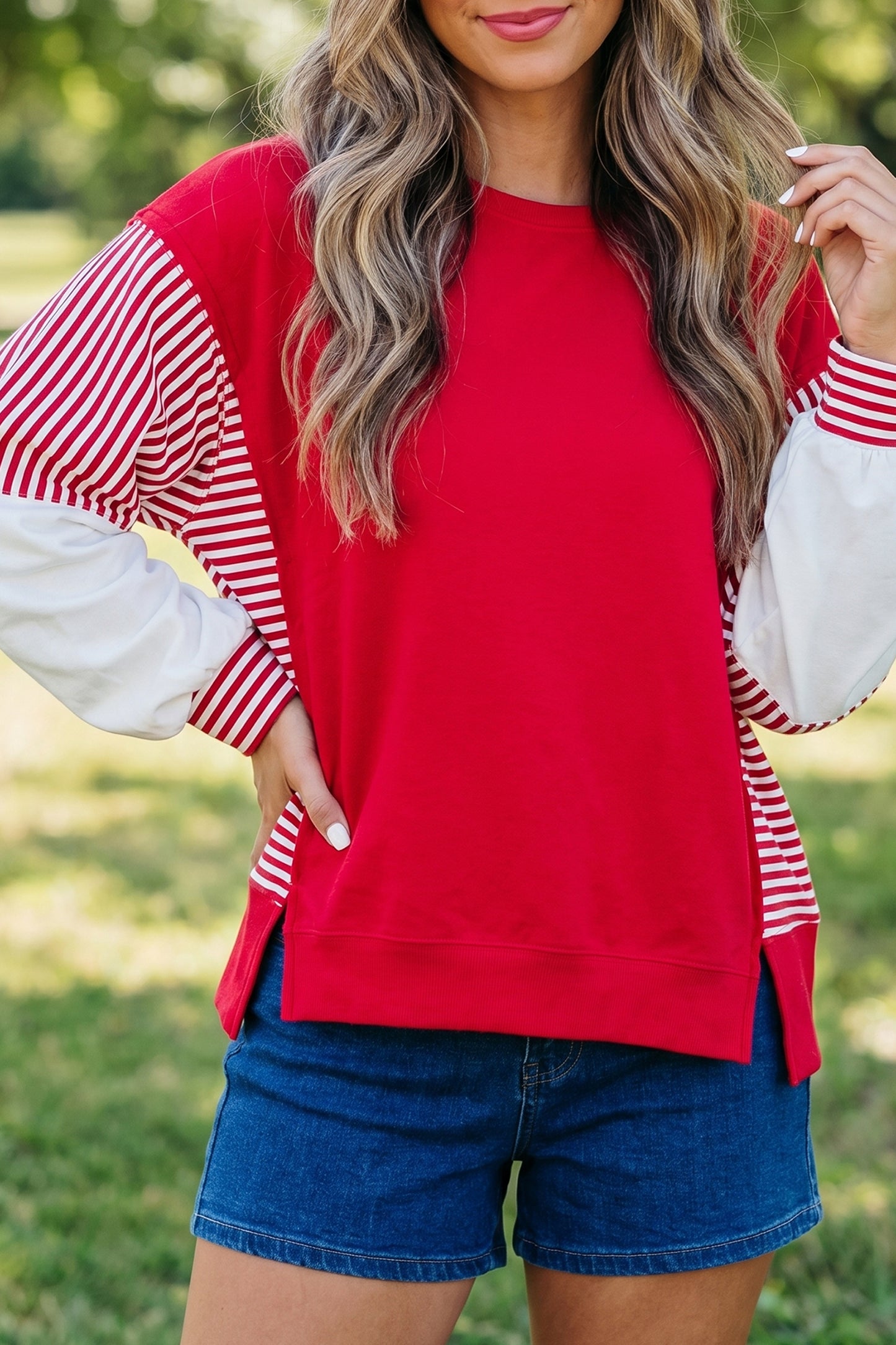 Dark Blue Striped Patchwork Sleeve Colorblock Sweatshirt