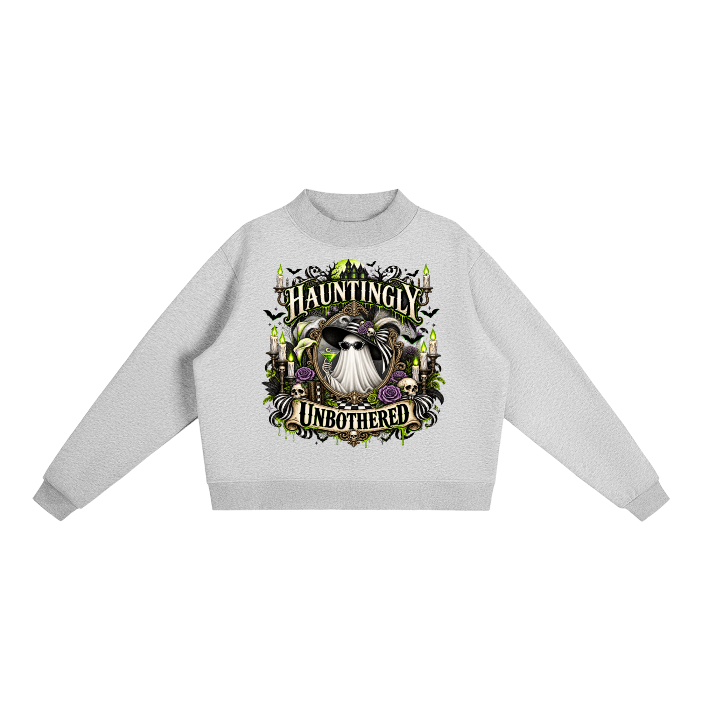 Hauntingly Unbothered Mock Neck Fleece Sweatshirt