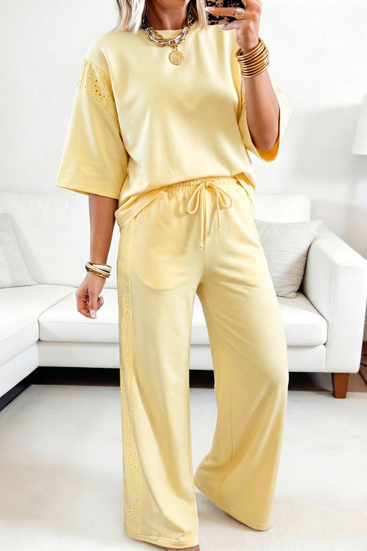 Yellow Cream Lace Patchwork Half Sleeve Top Elastic Waist Pants Two Piece Set
